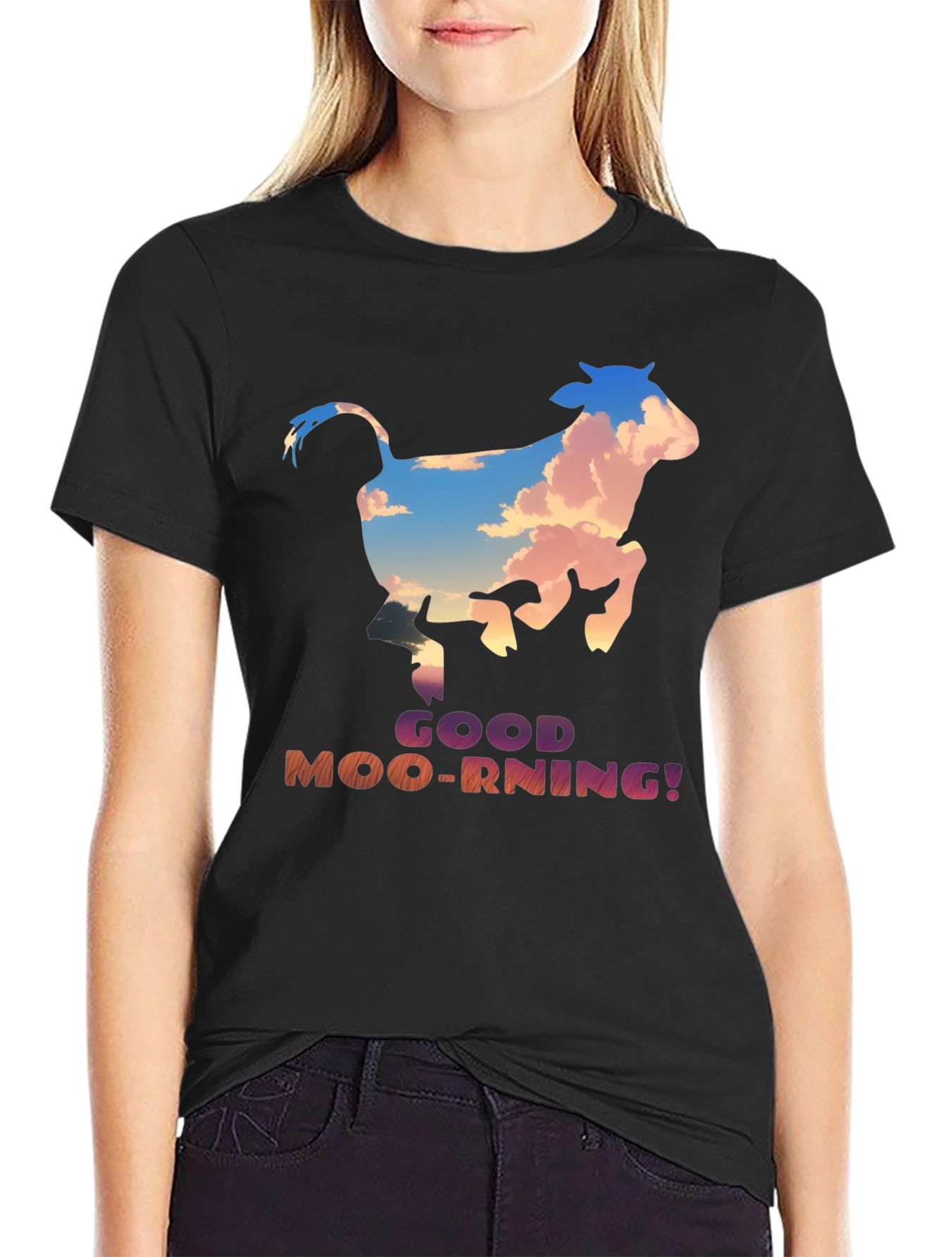 Good Moo-rning! Cow Graphic Print T-Shirt