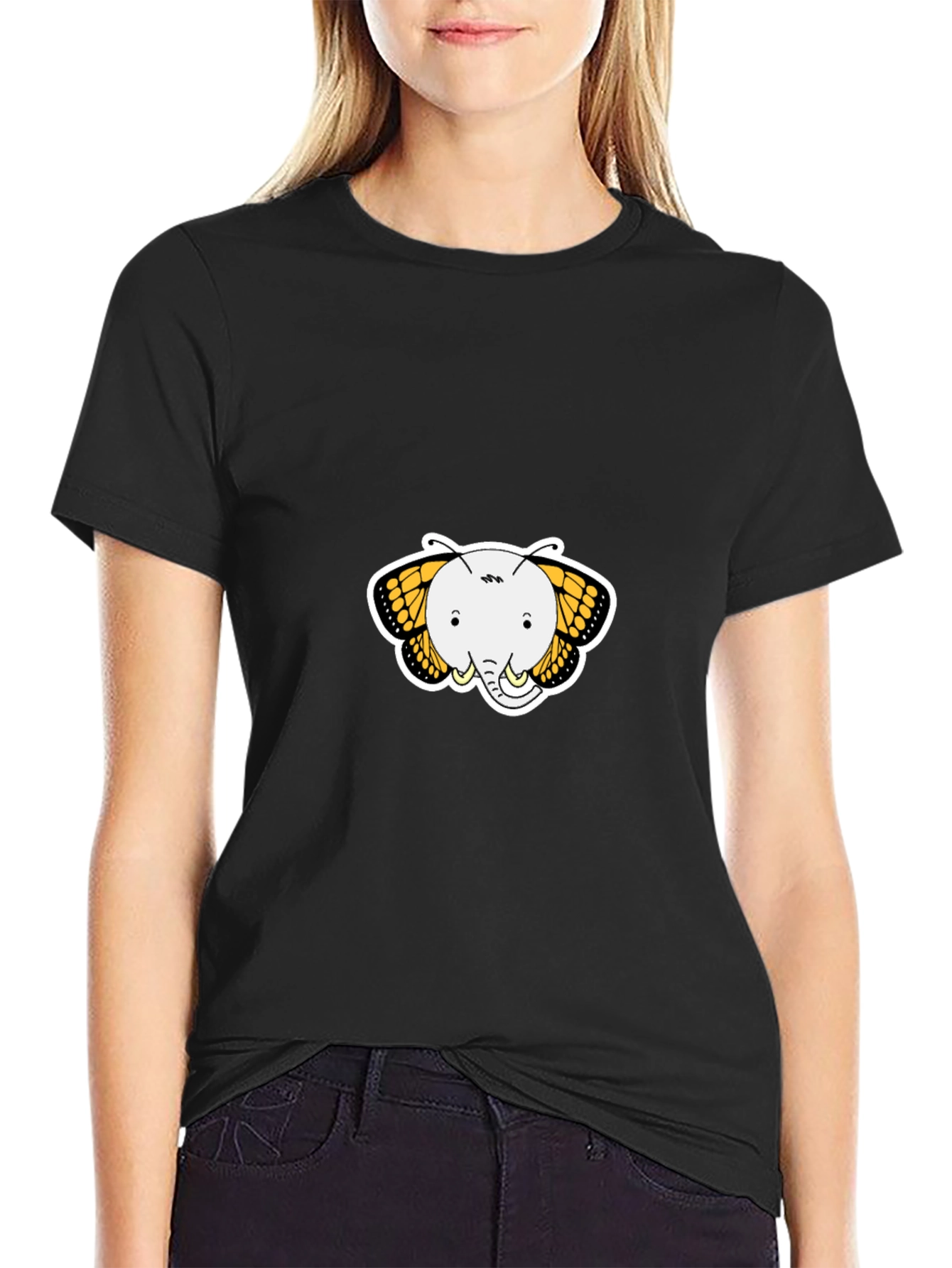 Elephant Butterfly Graphic Tee - Black Cotton T-Shirt