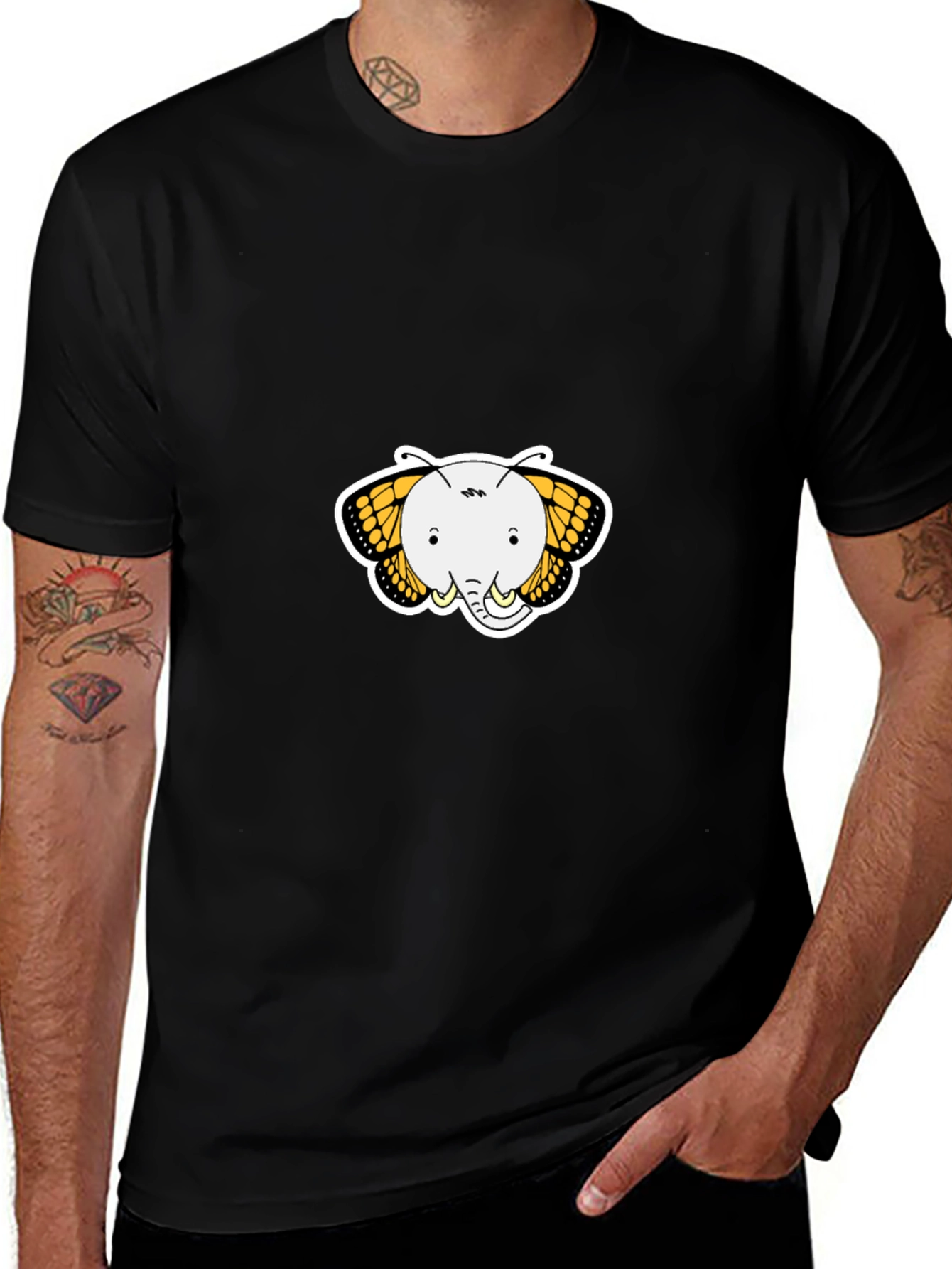 Elephant Butterfly Graphic Tee - Black Cotton T-Shirt