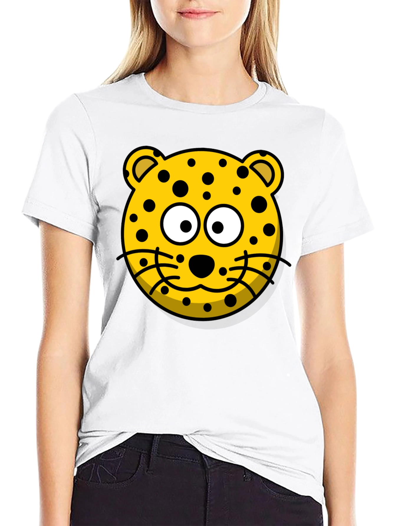 Cartoon Leopard Graphic T-Shirt - Black Cotton Tee