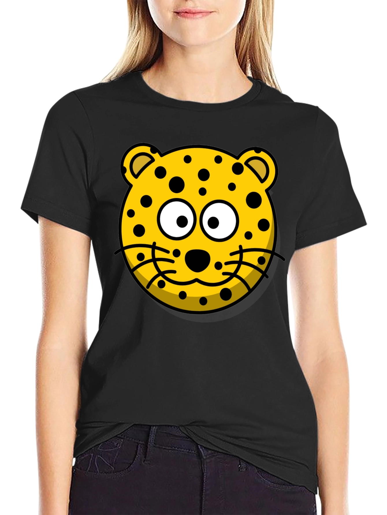 Cartoon Leopard Graphic T-Shirt - Black Cotton Tee