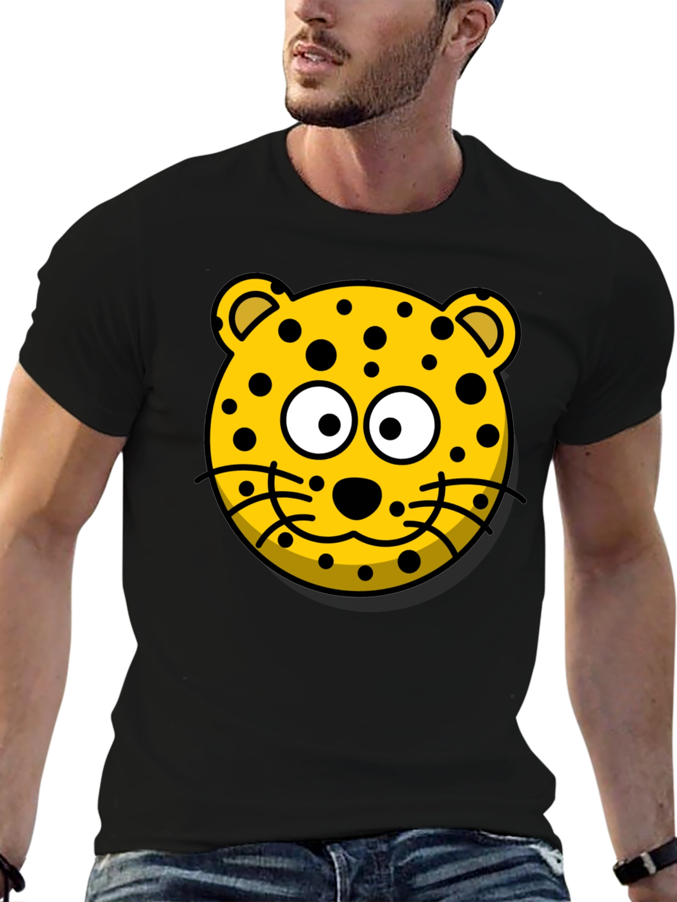 Cartoon Leopard Graphic T-Shirt - Black Cotton Tee