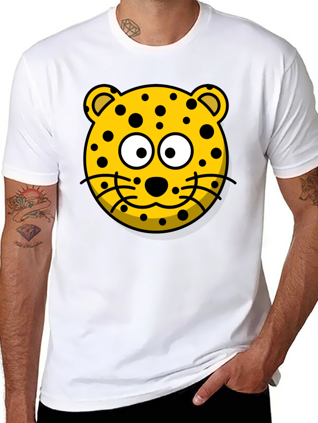 Cartoon Leopard Graphic T-Shirt - Black Cotton Tee