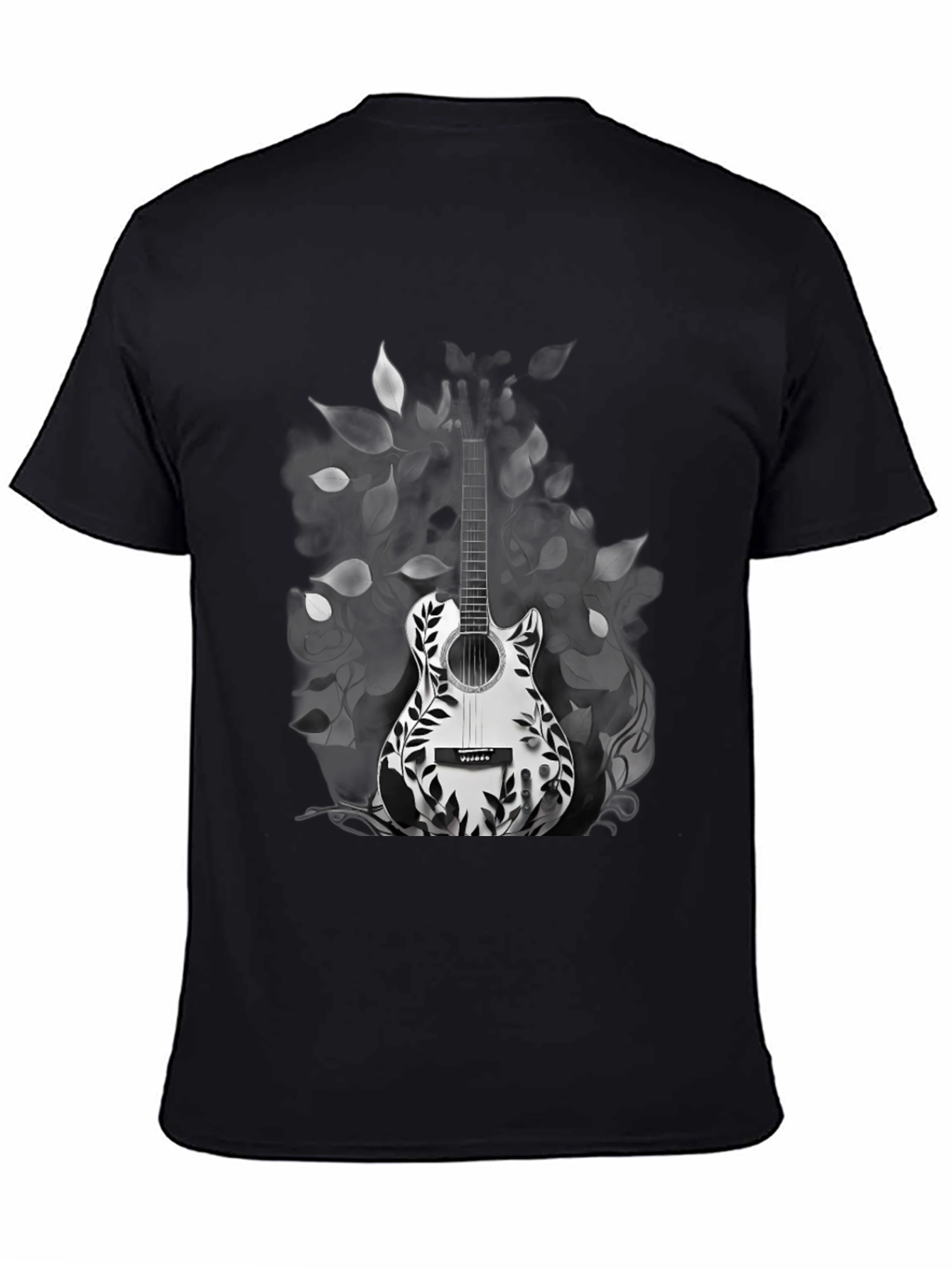 Guitar Floral Graphic Tee - Black Casual T-Shirt