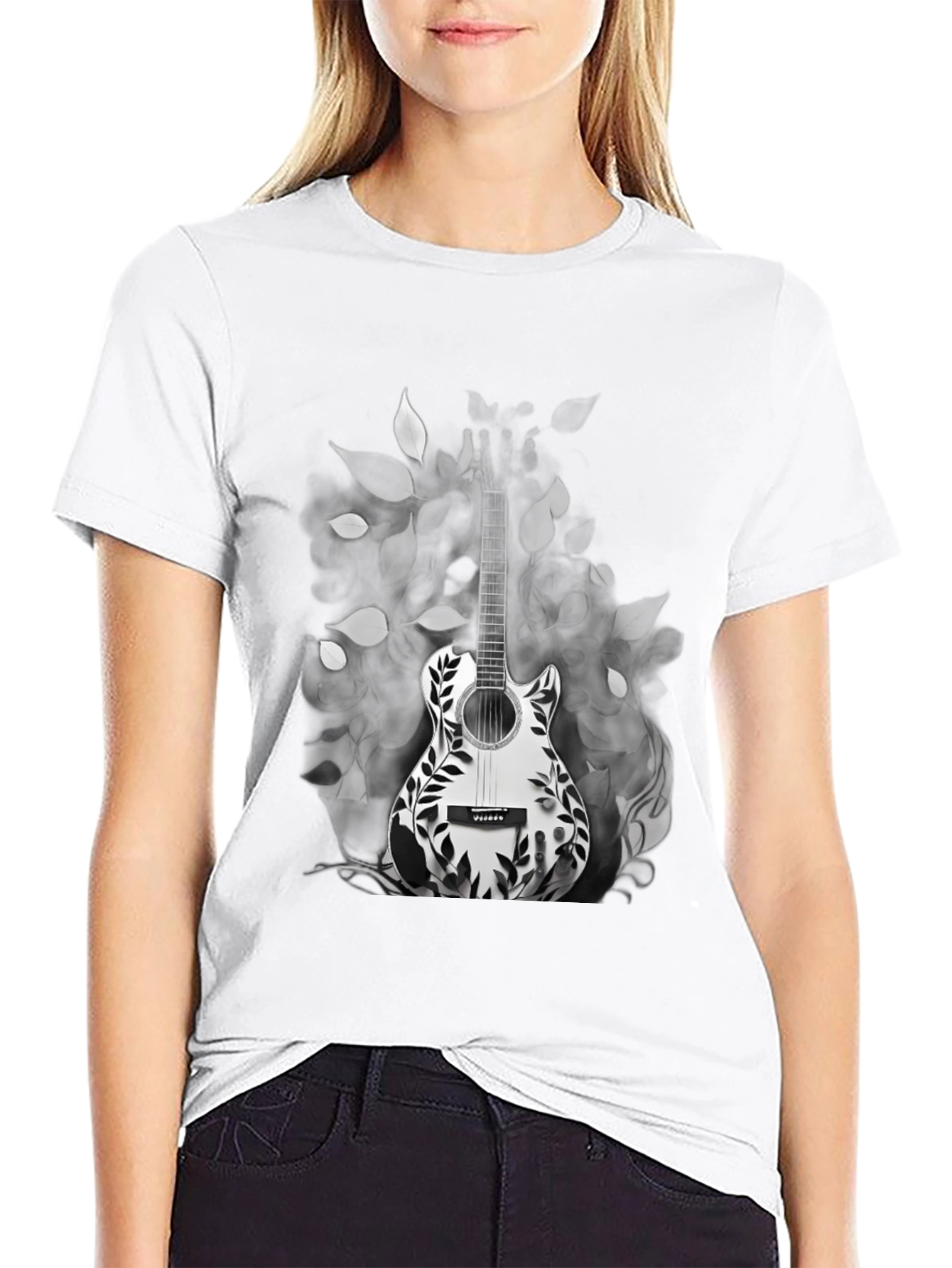 Guitar Floral Graphic Tee - Black Casual T-Shirt