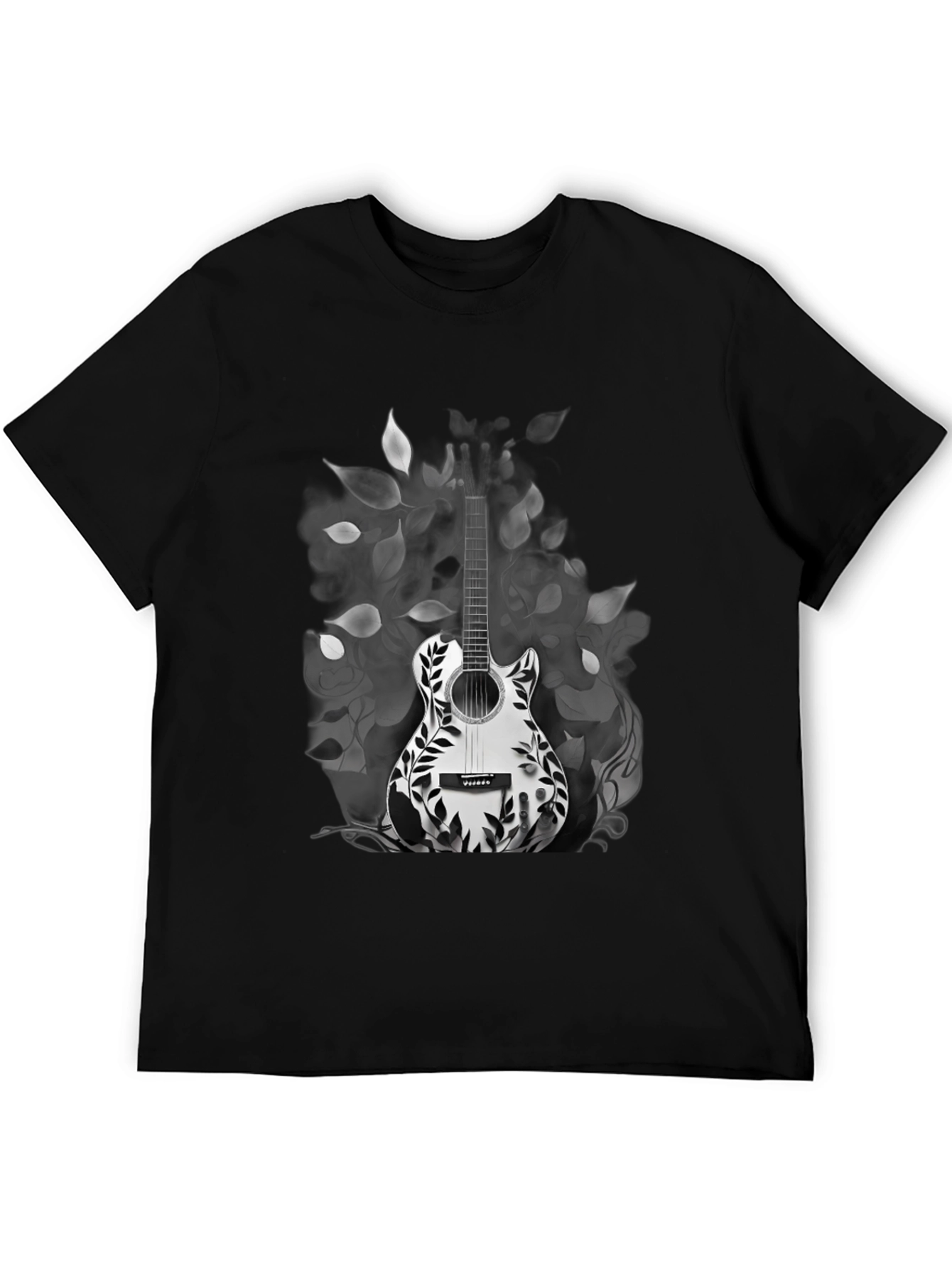 Guitar Floral Graphic Tee - Black Casual T-Shirt