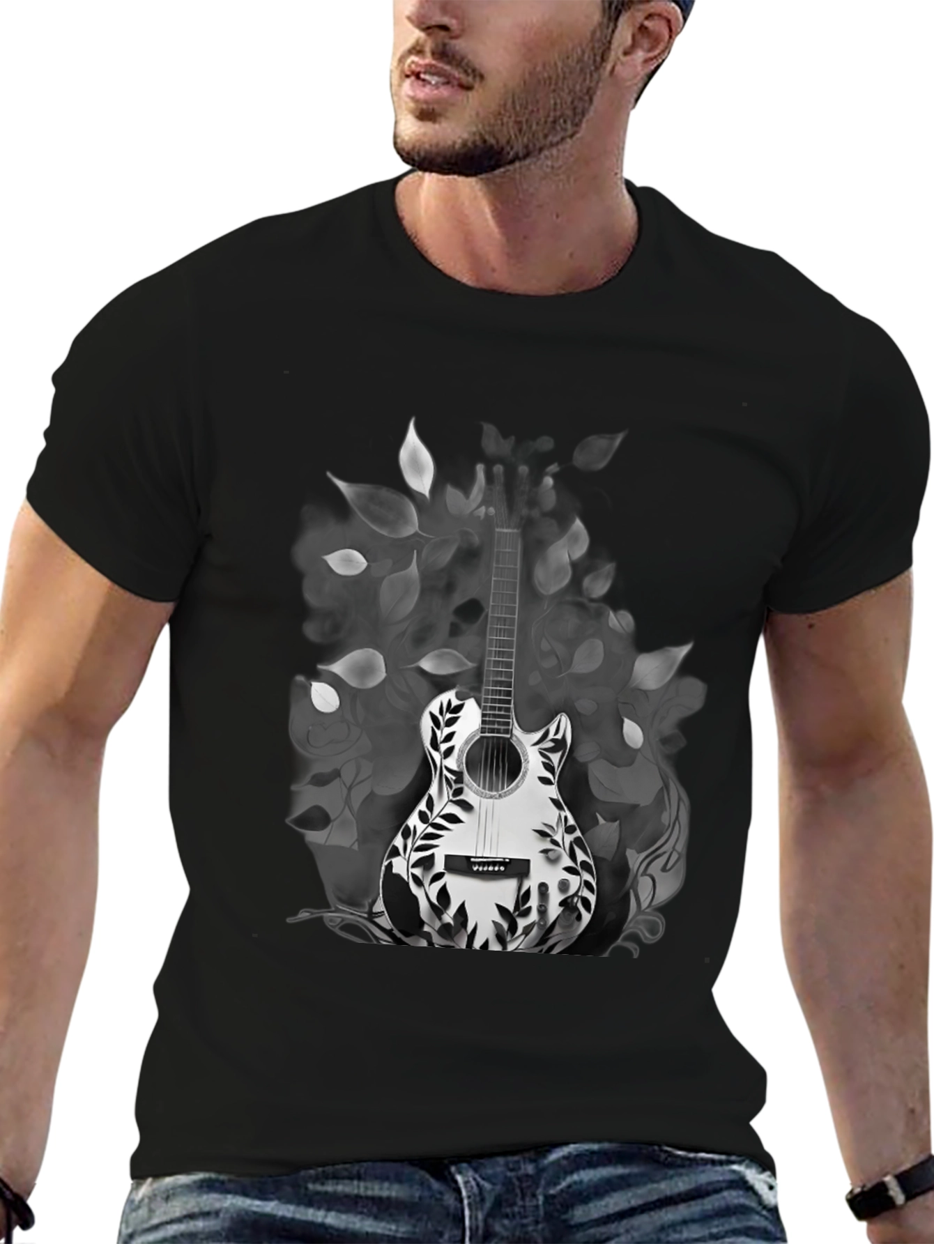 Guitar Floral Graphic Tee - Black Casual T-Shirt