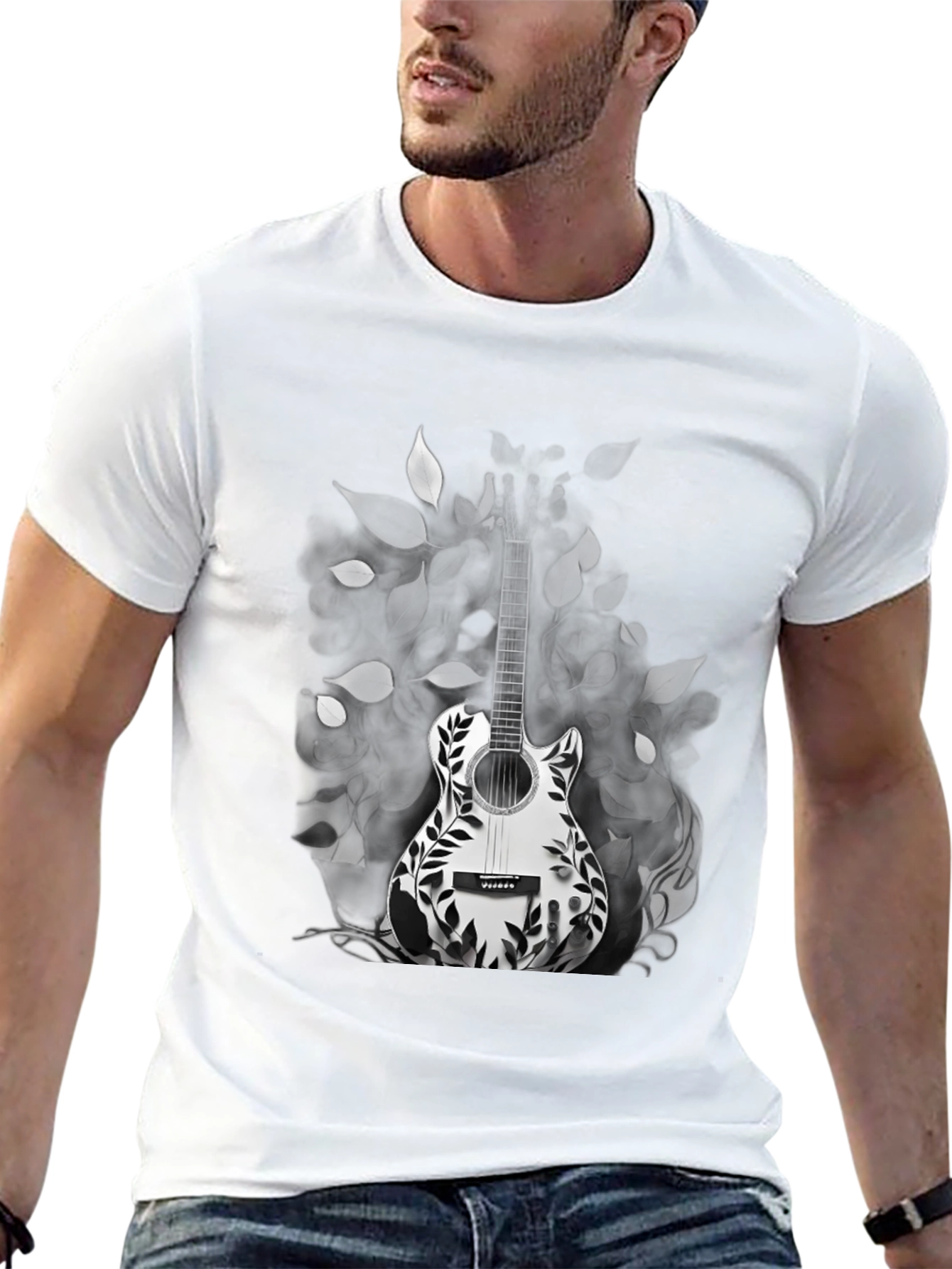 Guitar Floral Graphic Tee - Black Casual T-Shirt