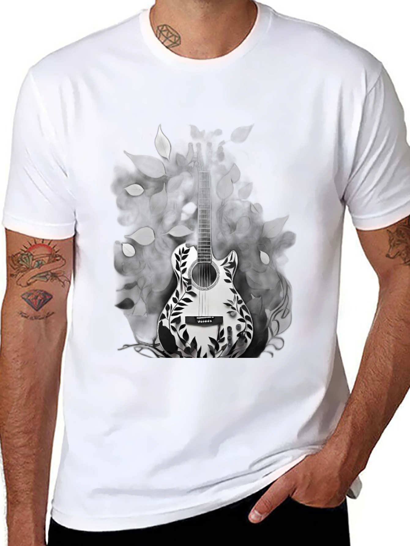 Guitar Floral Graphic Tee - Black Casual T-Shirt