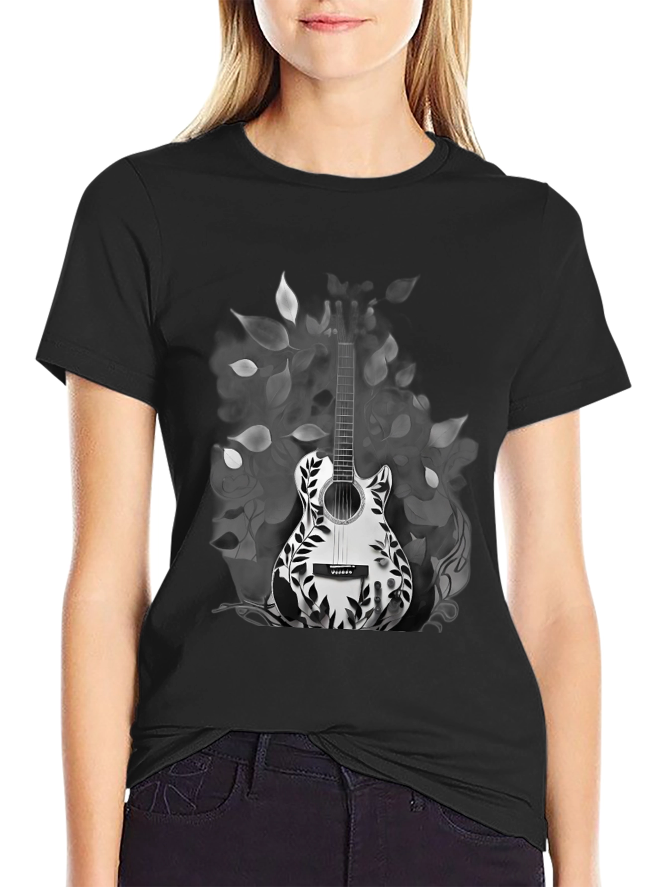 Guitar Floral Graphic Tee - Black Casual T-Shirt