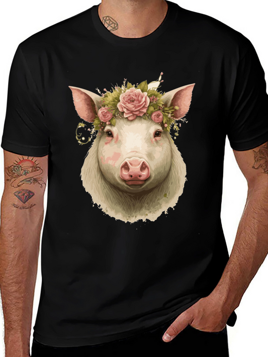 Pig with Flower Crown Graphic Tee - Unisex Black T-Shirt