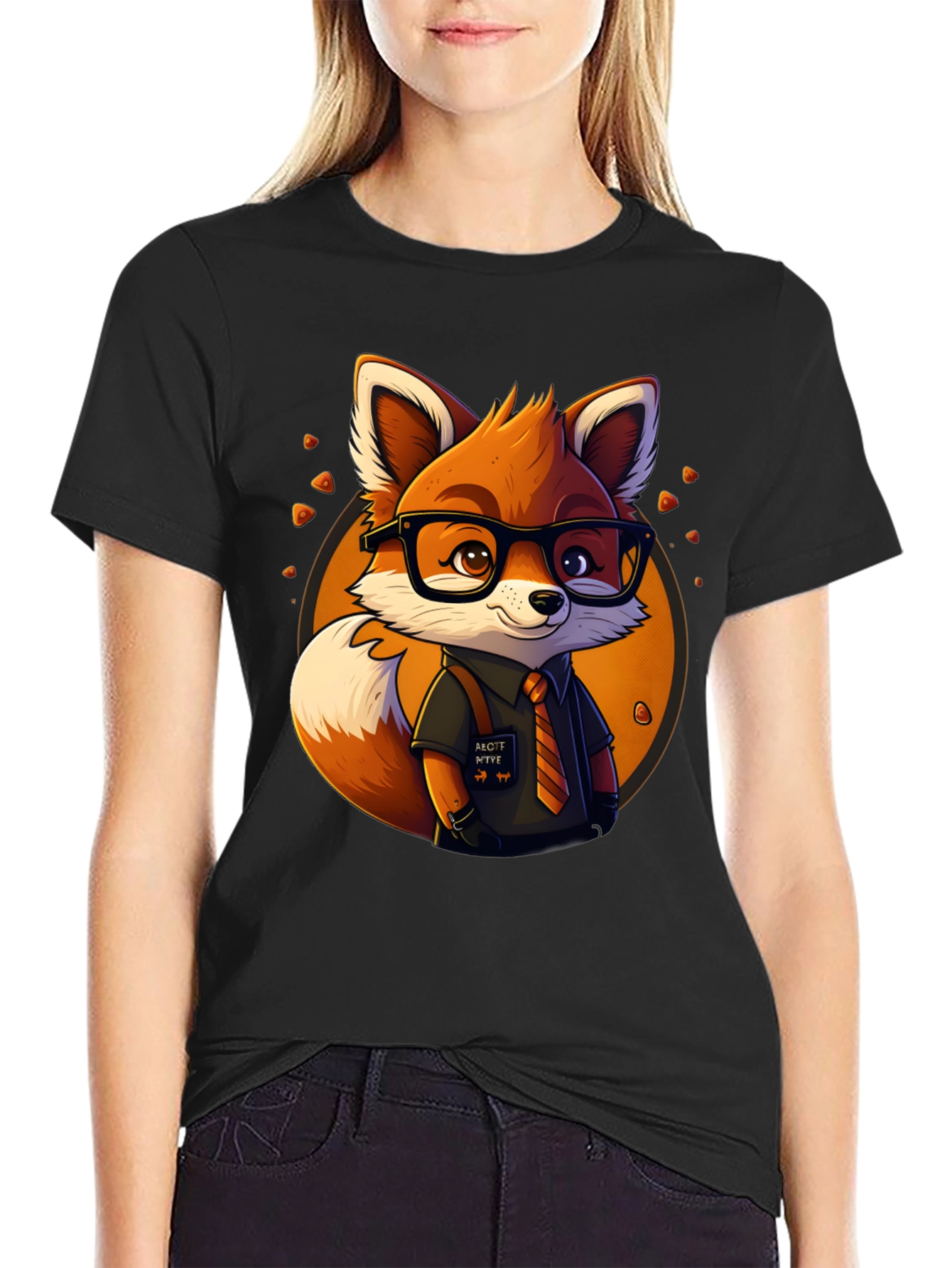 Fox Cartoon Graphic Print Black Tee