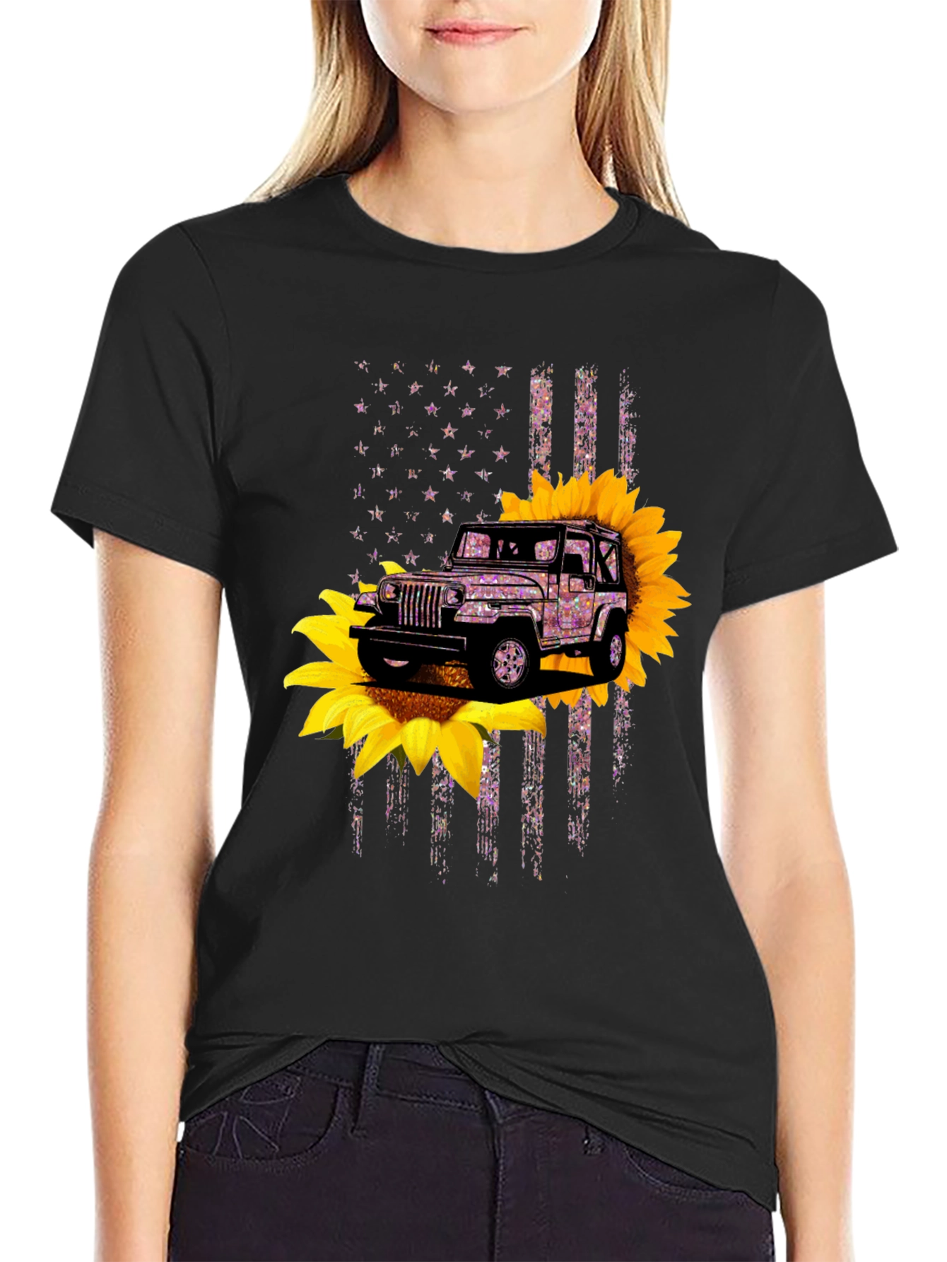 Jeep Sunflower American Flag Graphic T-Shirt
