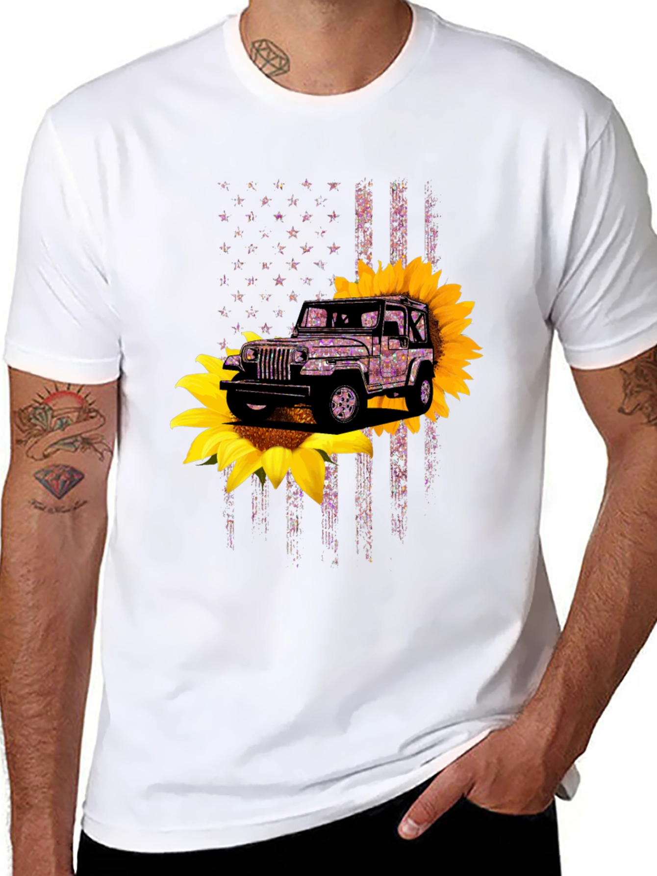 Jeep Sunflower American Flag Graphic T-Shirt