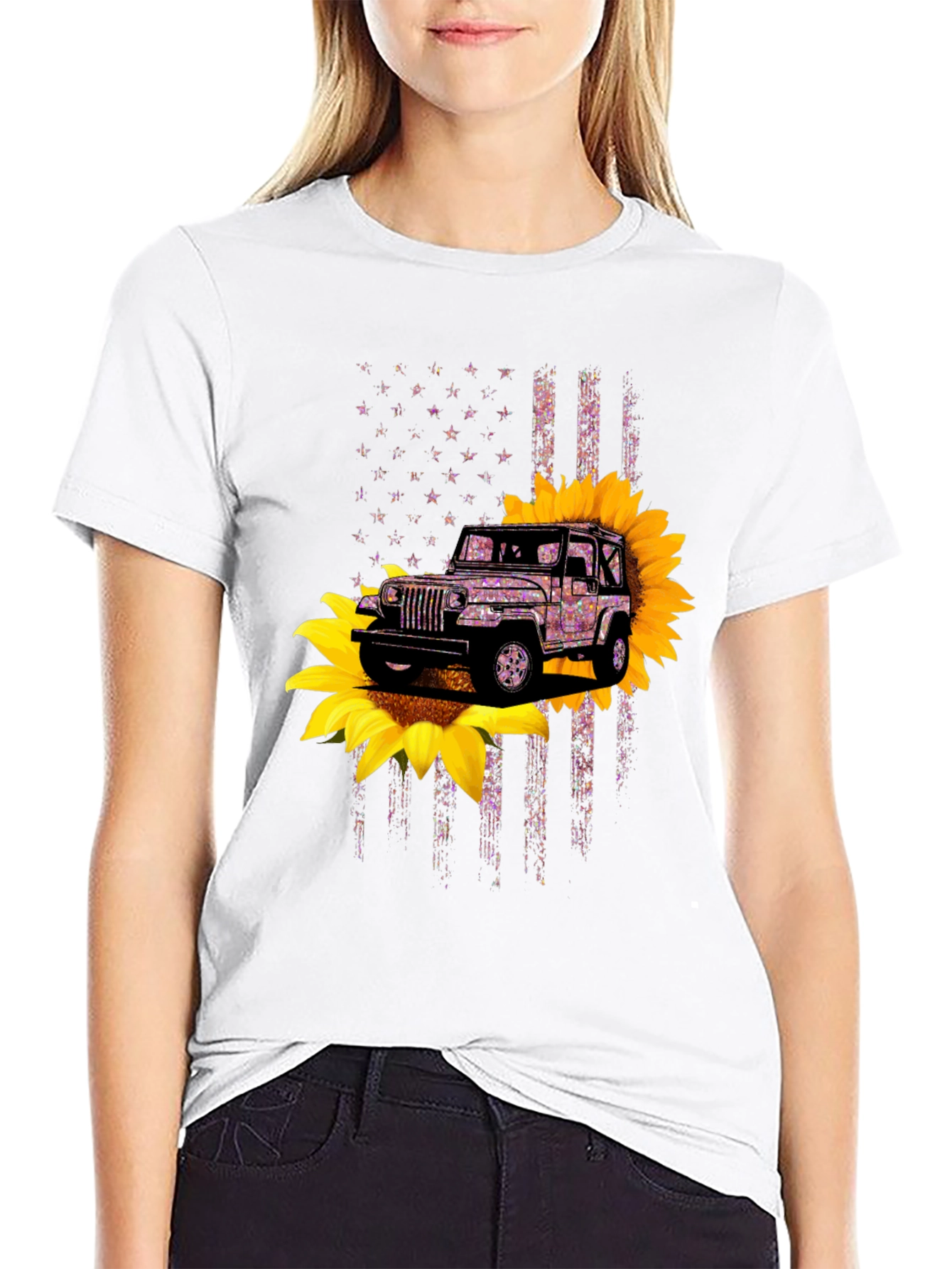 Jeep Sunflower American Flag Graphic T-Shirt