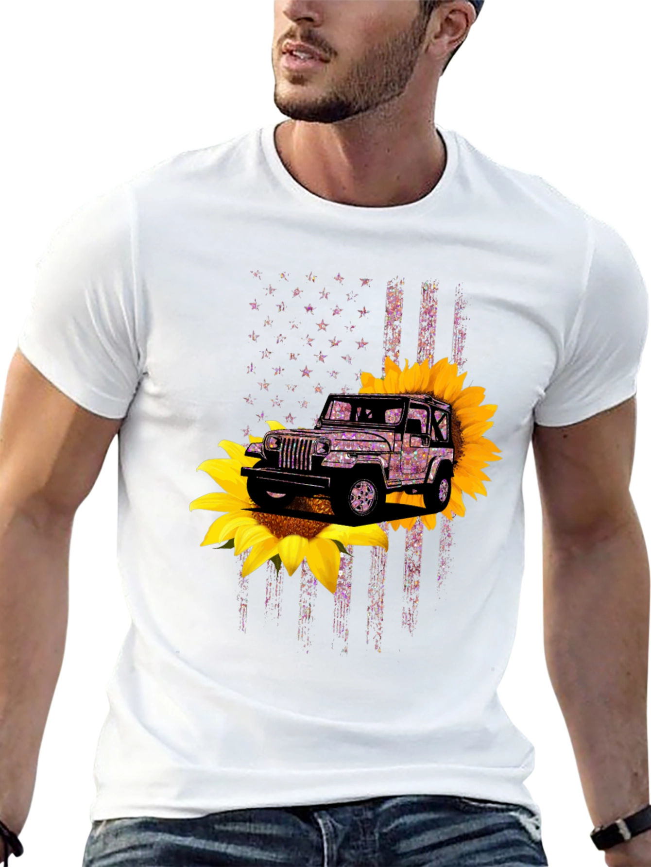 Jeep Sunflower American Flag Graphic T-Shirt