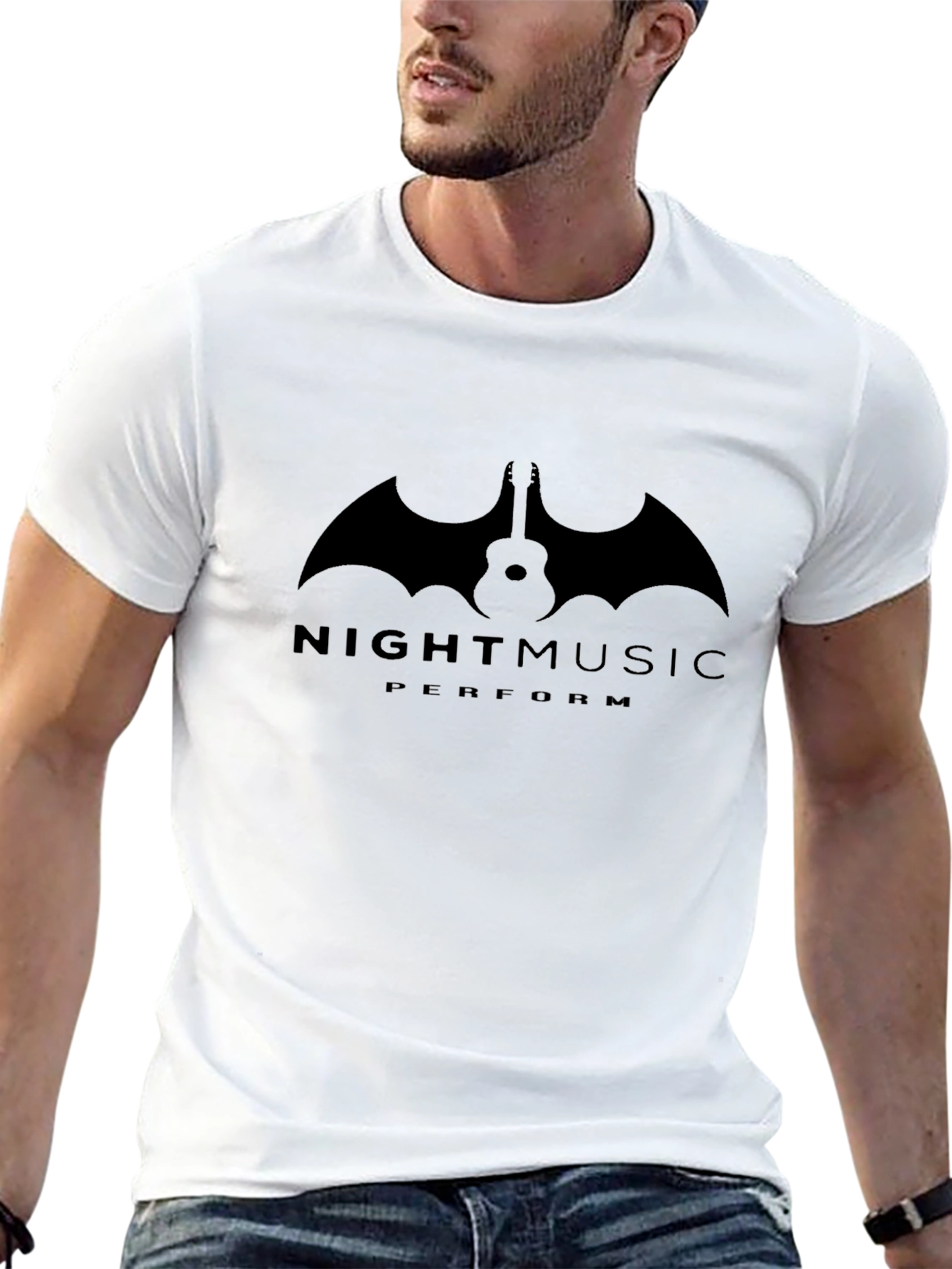 Night Music Guitar Bat Graphic T-Shirt