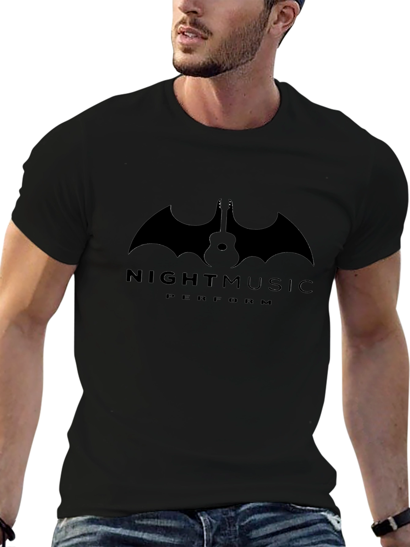 Night Music Guitar Bat Graphic T-Shirt