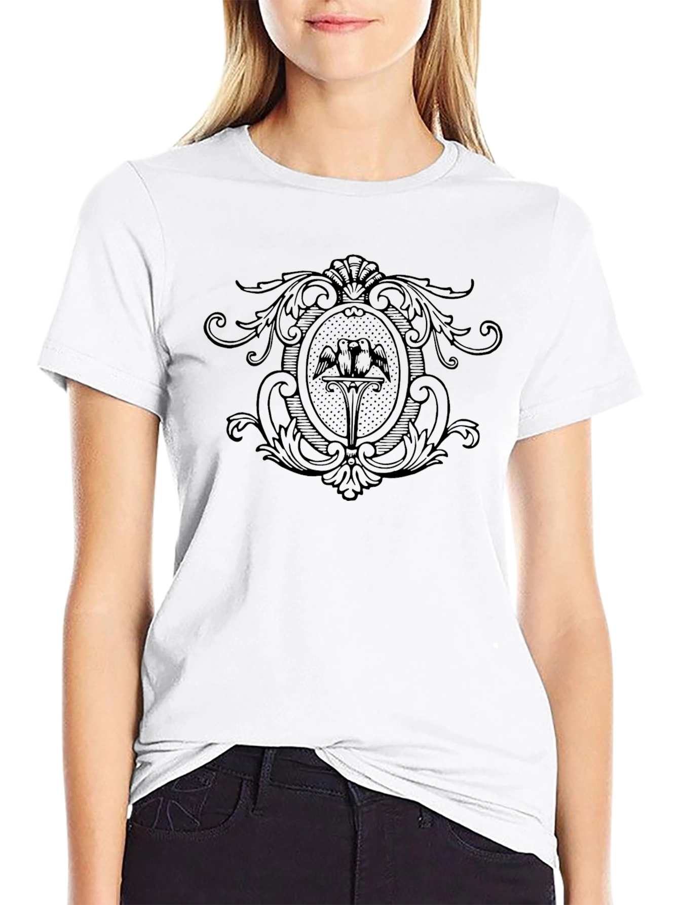 Elegant Black Graphic Tee with Bird Crest Design