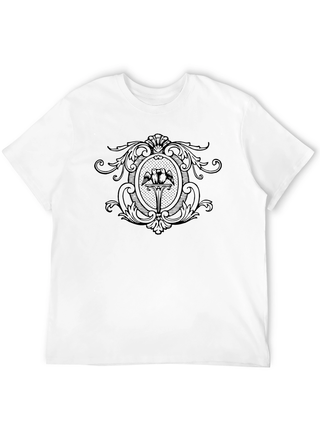 Elegant Black Graphic Tee with Bird Crest Design