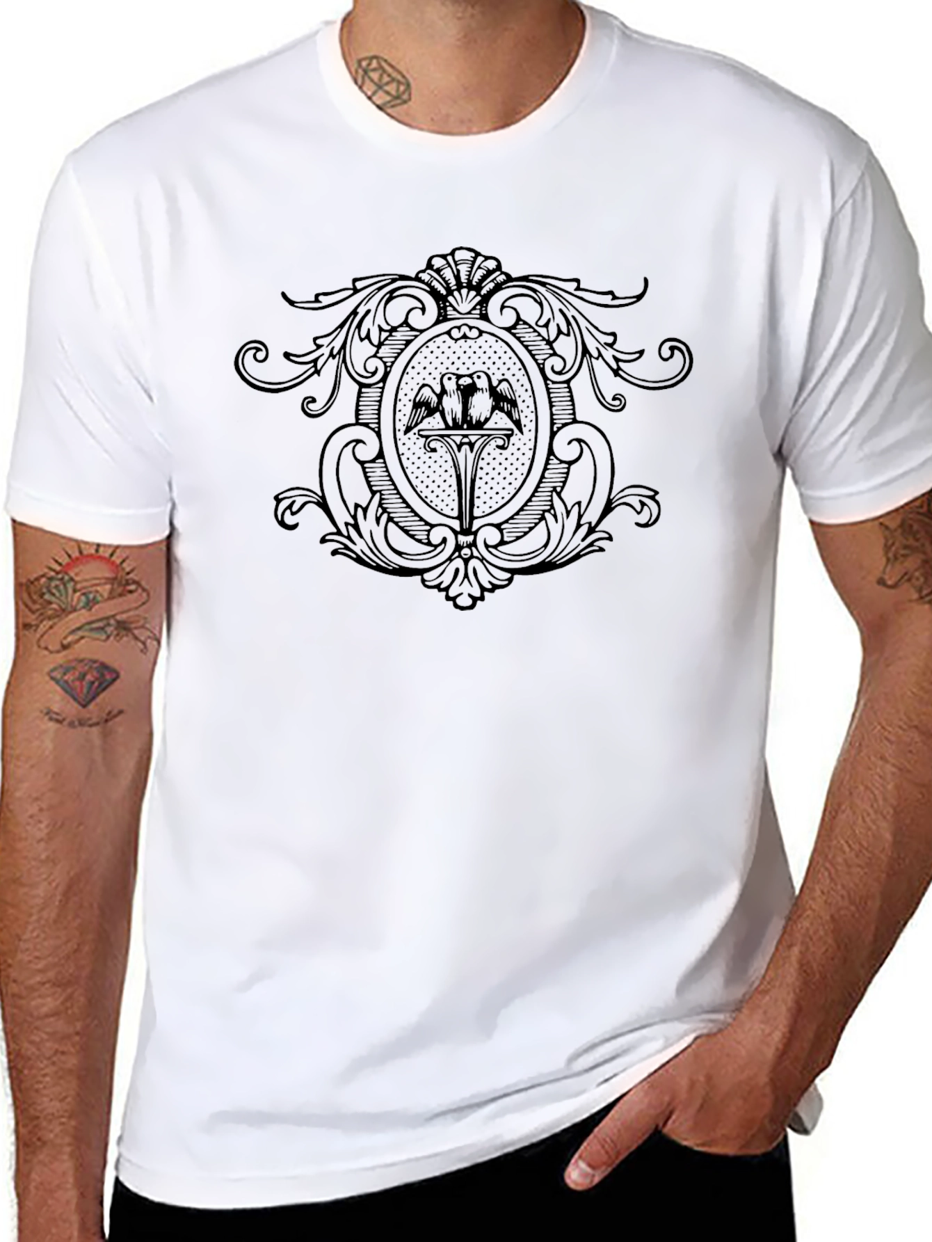 Elegant Black Graphic Tee with Bird Crest Design