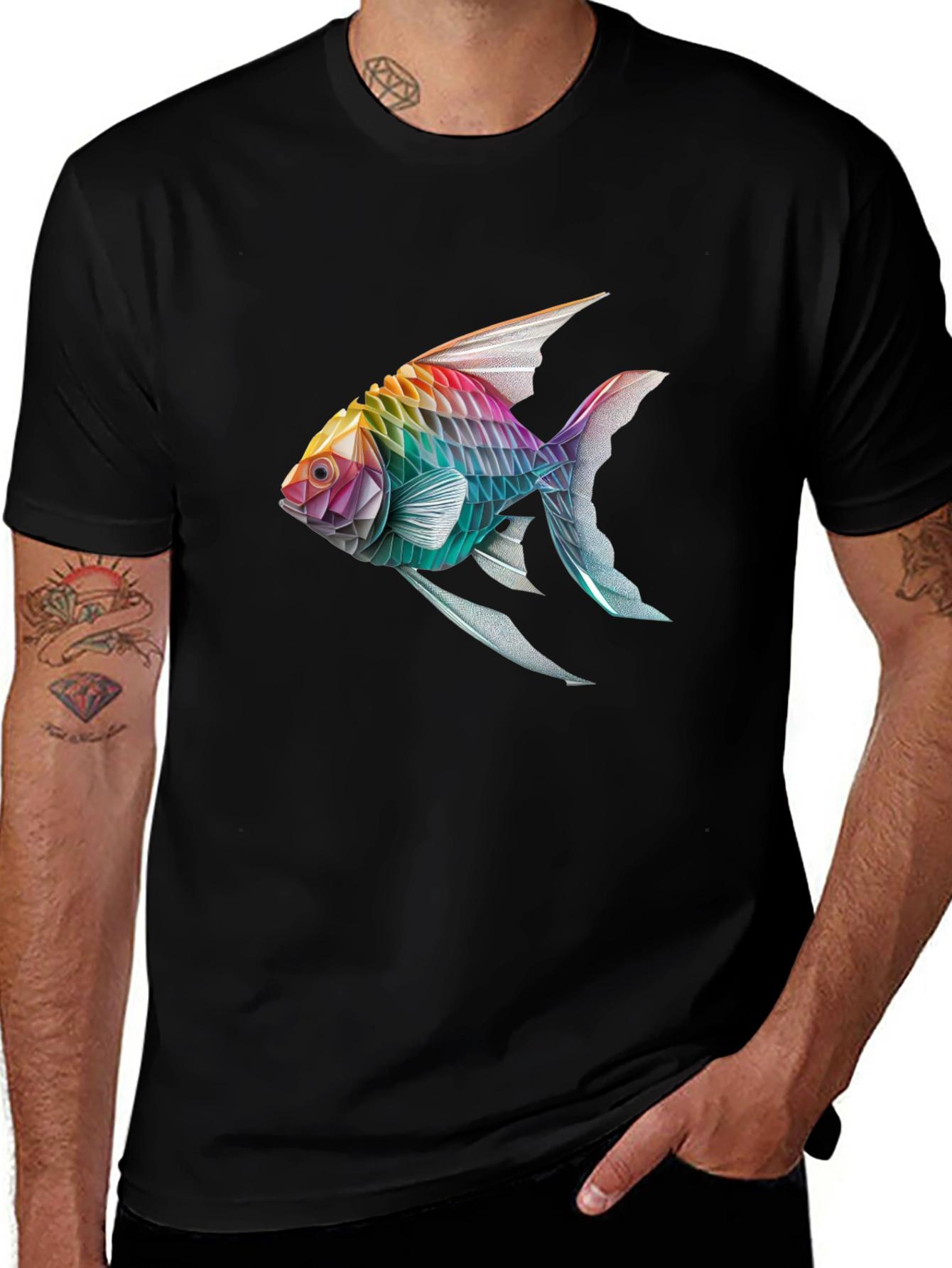 Rainbow Geometric Fish Graphic Black Tee
