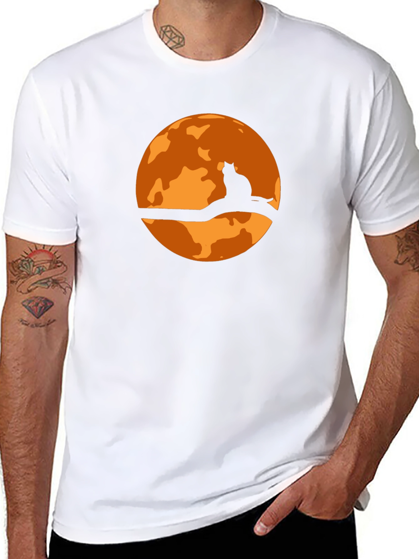 Halloween Cat Moon Graphic T-Shirt - Black