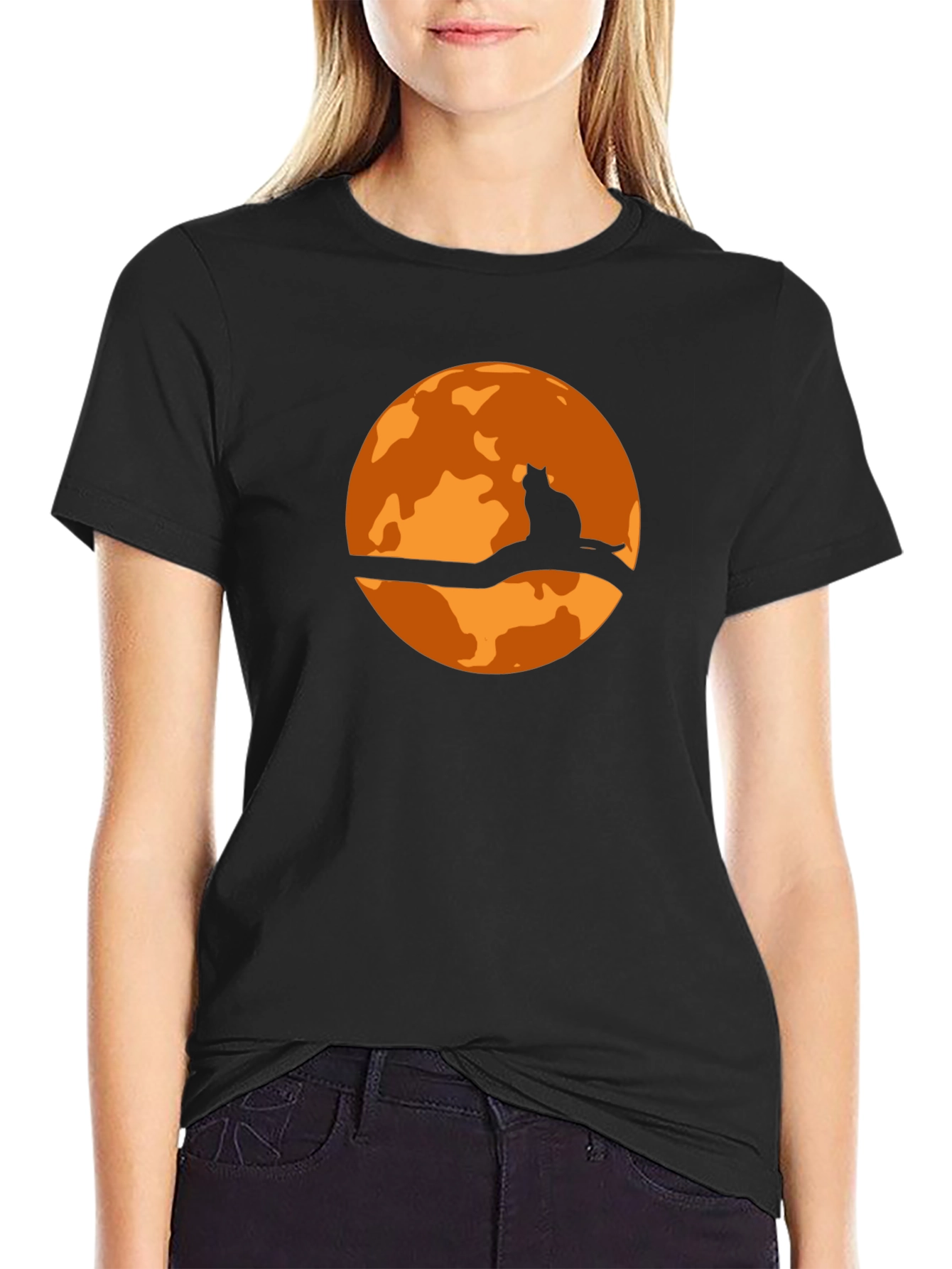 Halloween Cat Moon Graphic T-Shirt - Black