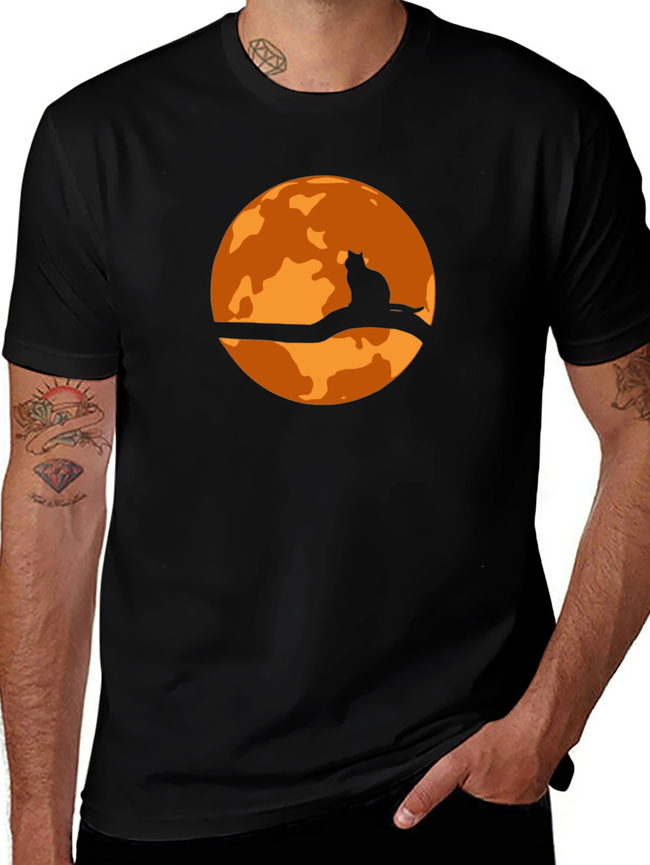 Halloween Cat Moon Graphic T-Shirt - Black