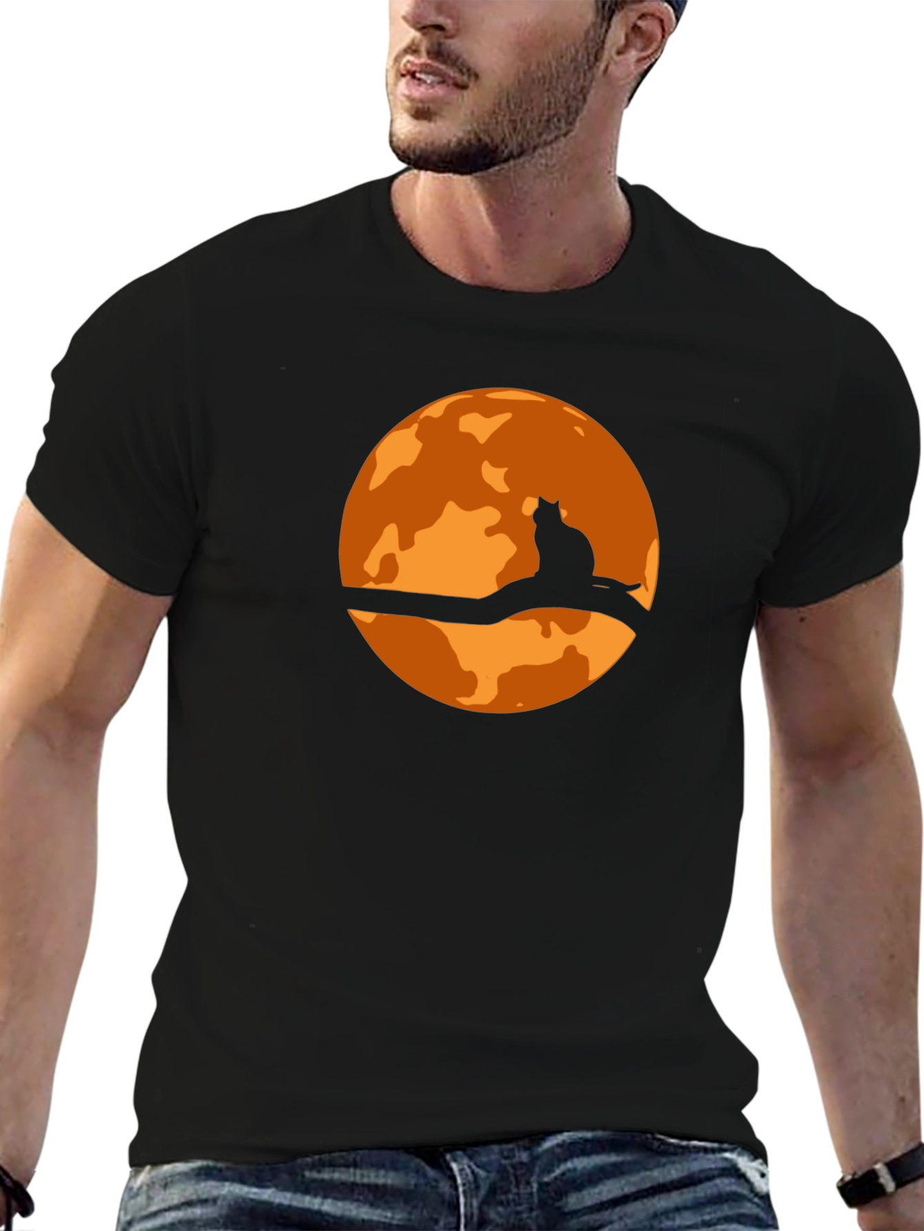 Halloween Cat Moon Graphic T-Shirt - Black