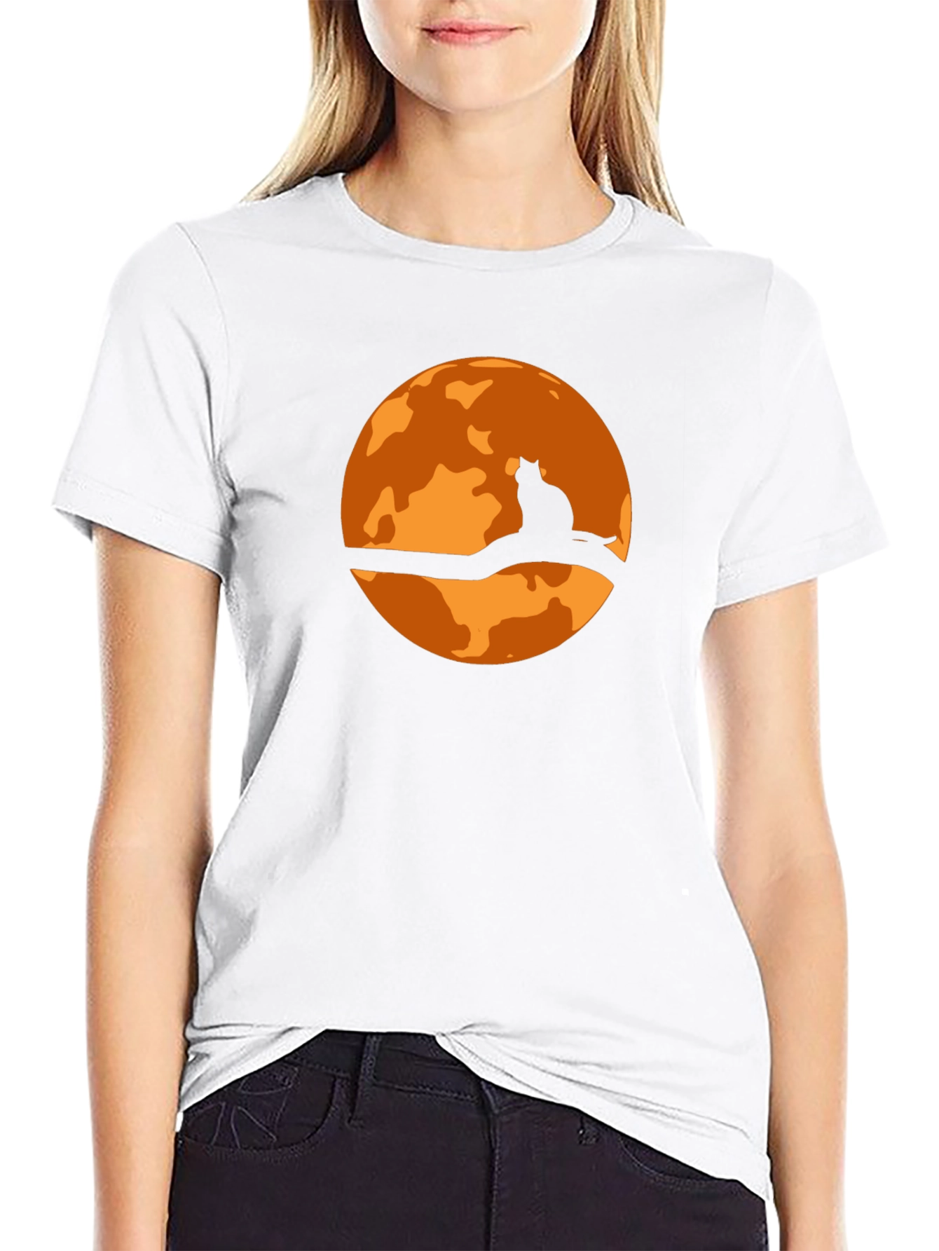 Halloween Cat Moon Graphic T-Shirt - Black