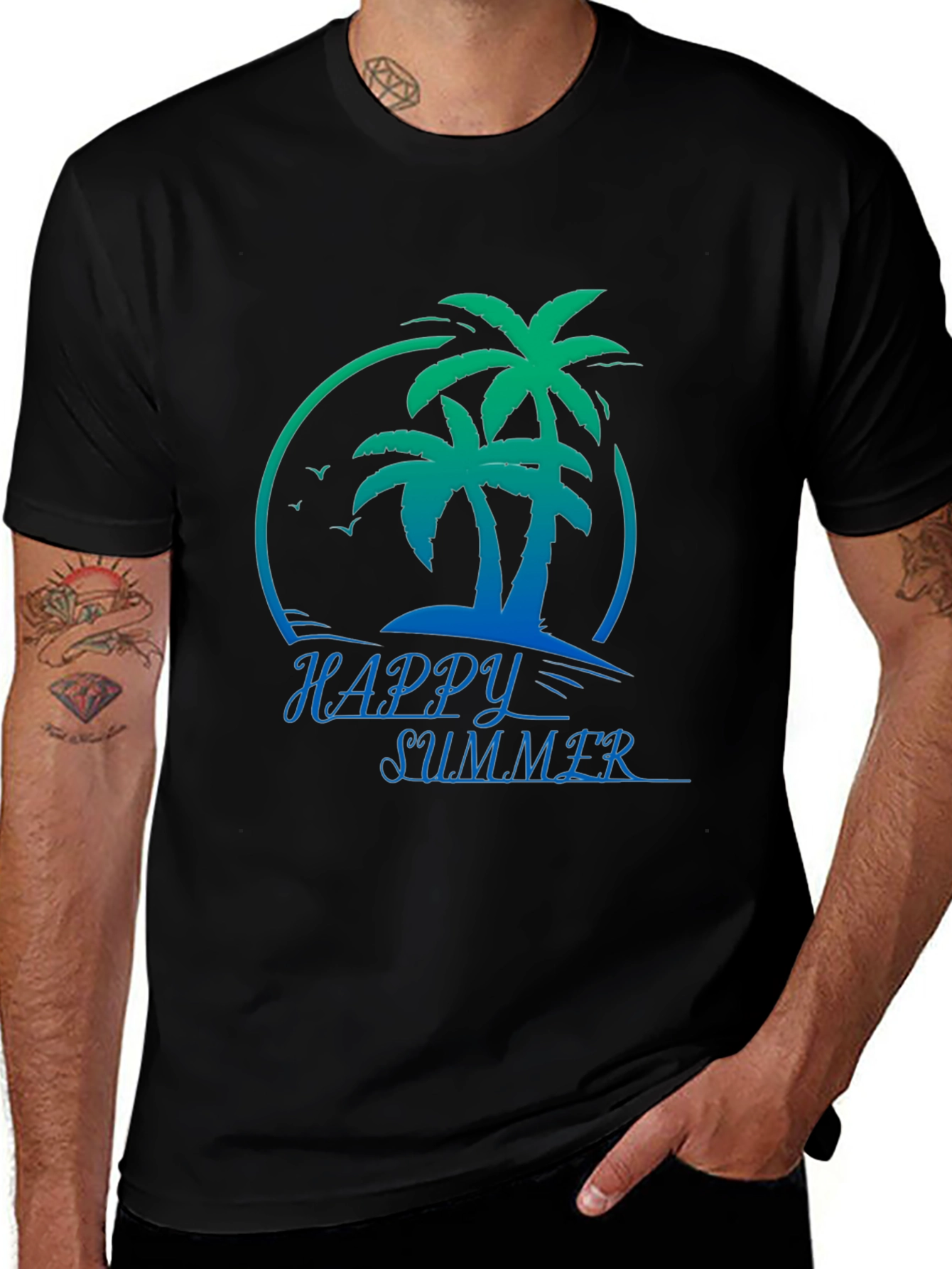 Happy Summer Palm Tree Black T-Shirt