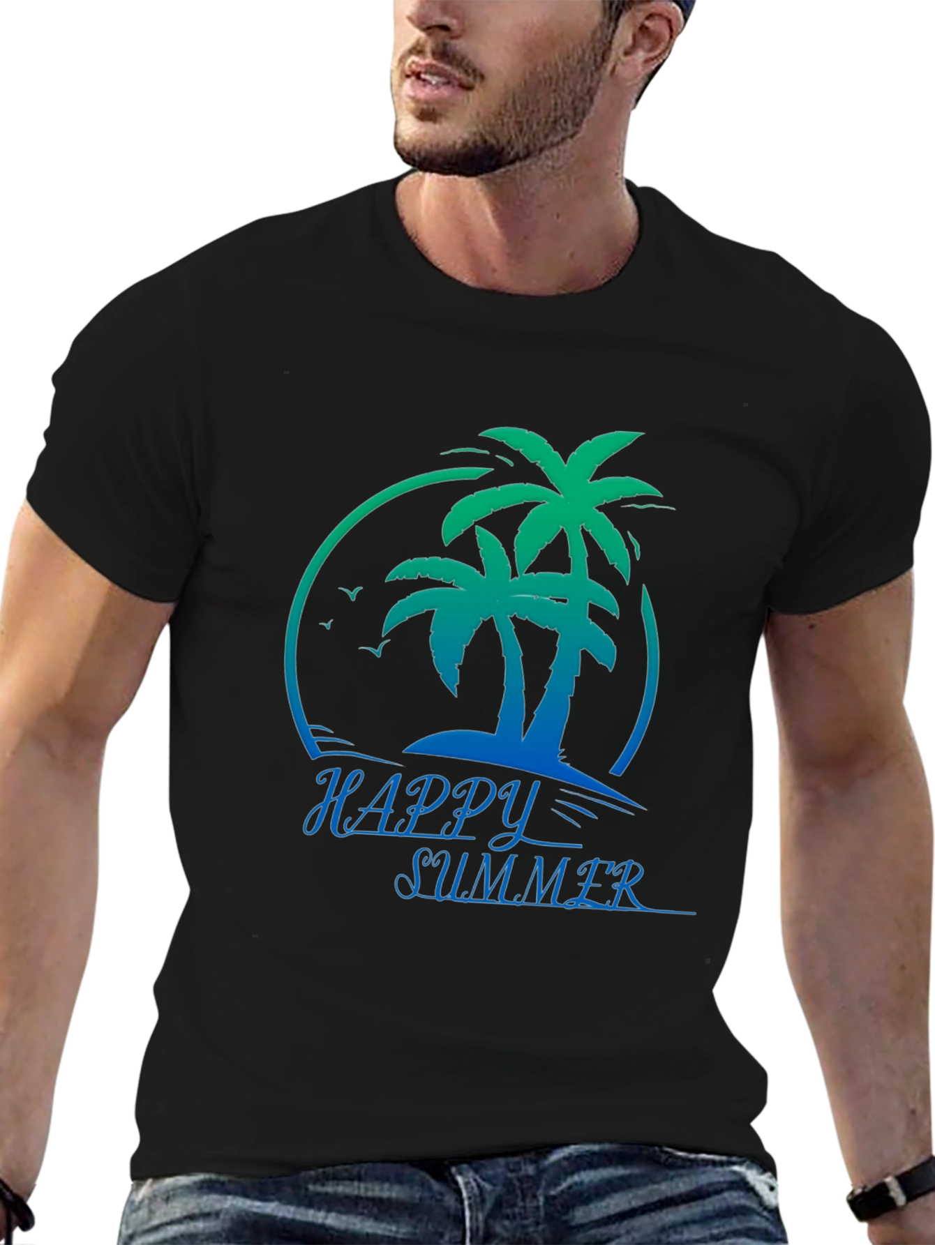 Happy Summer Palm Tree Black T-Shirt