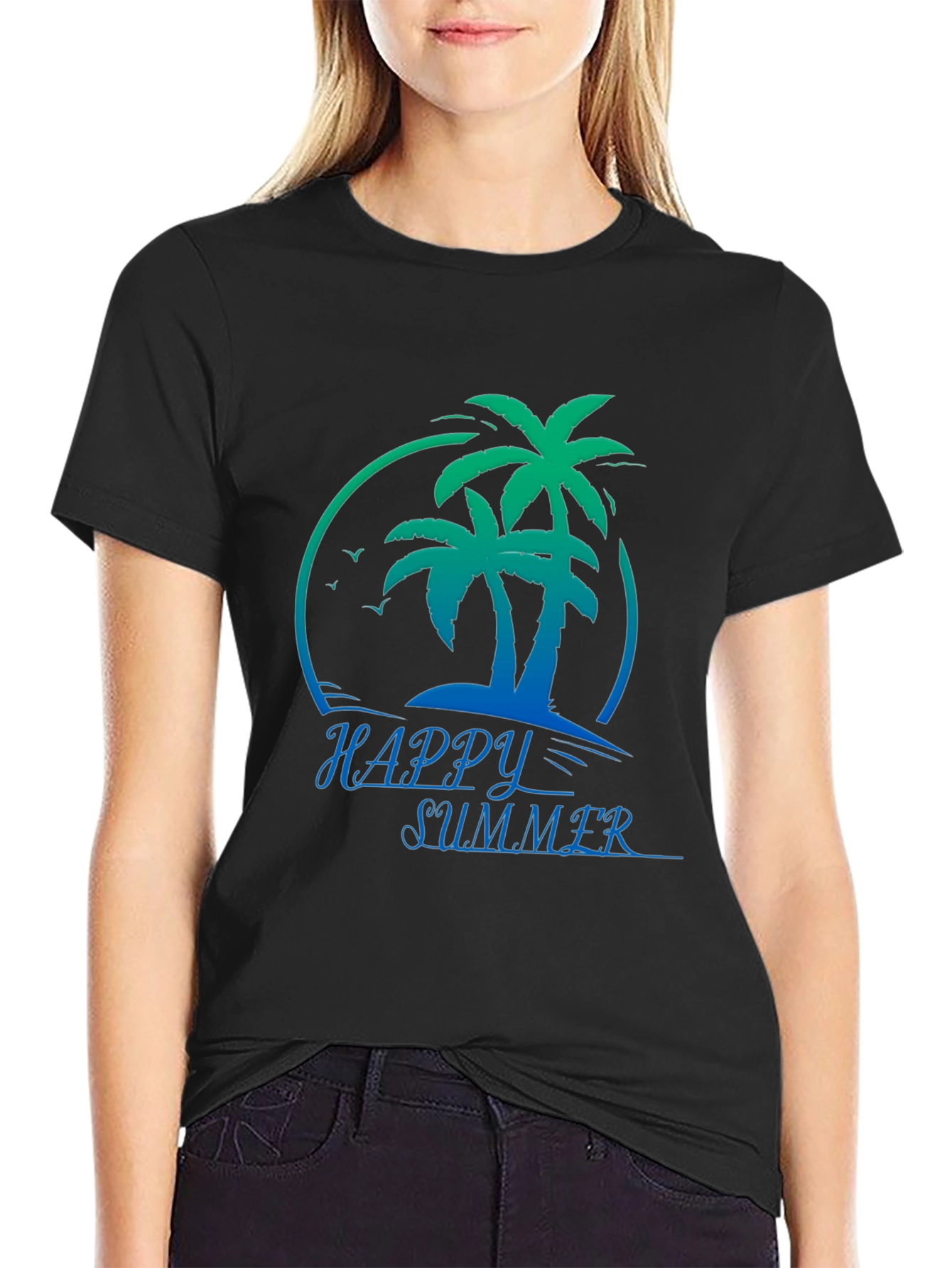 Happy Summer Palm Tree Black T-Shirt
