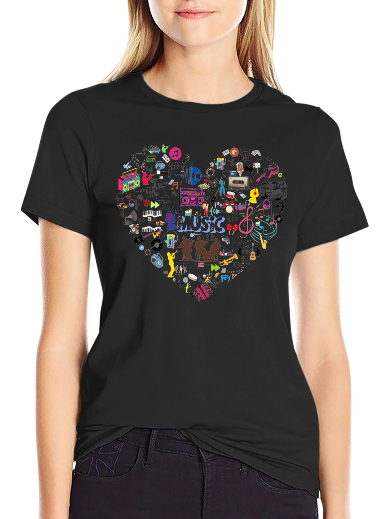 Music Heart T-Shirt - Black Casual Tee
