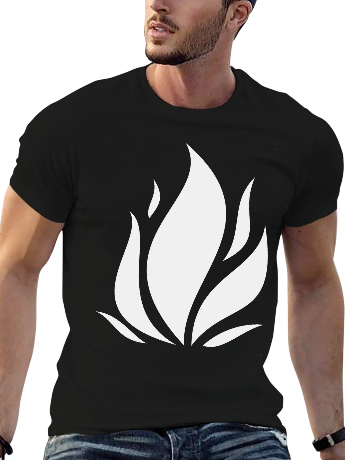 Mens Black T-Shirt with White Flame Design