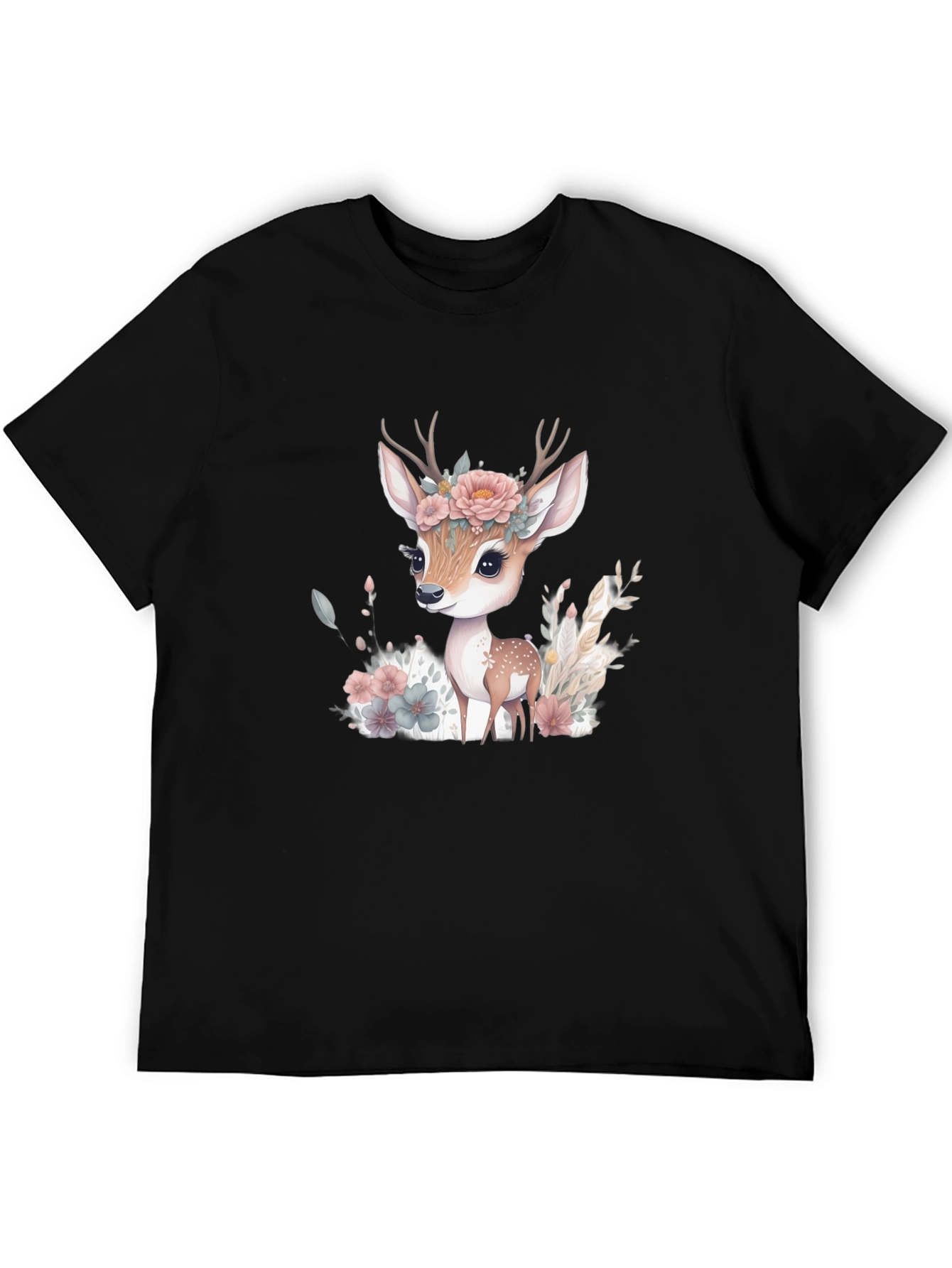 Floral Deer Graphic Tee - Mens Black T-Shirt
