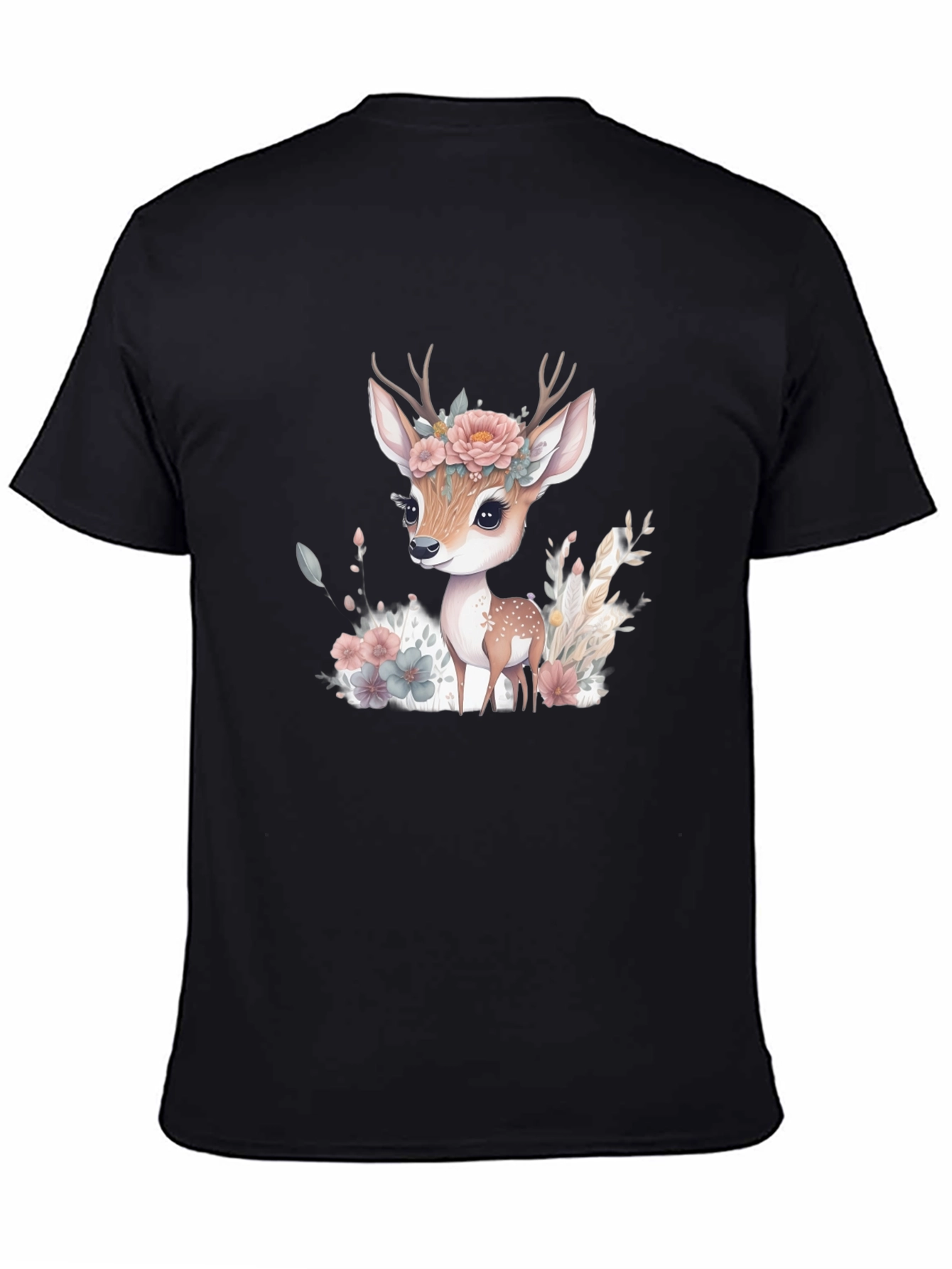 Floral Deer Graphic Tee - Mens Black T-Shirt