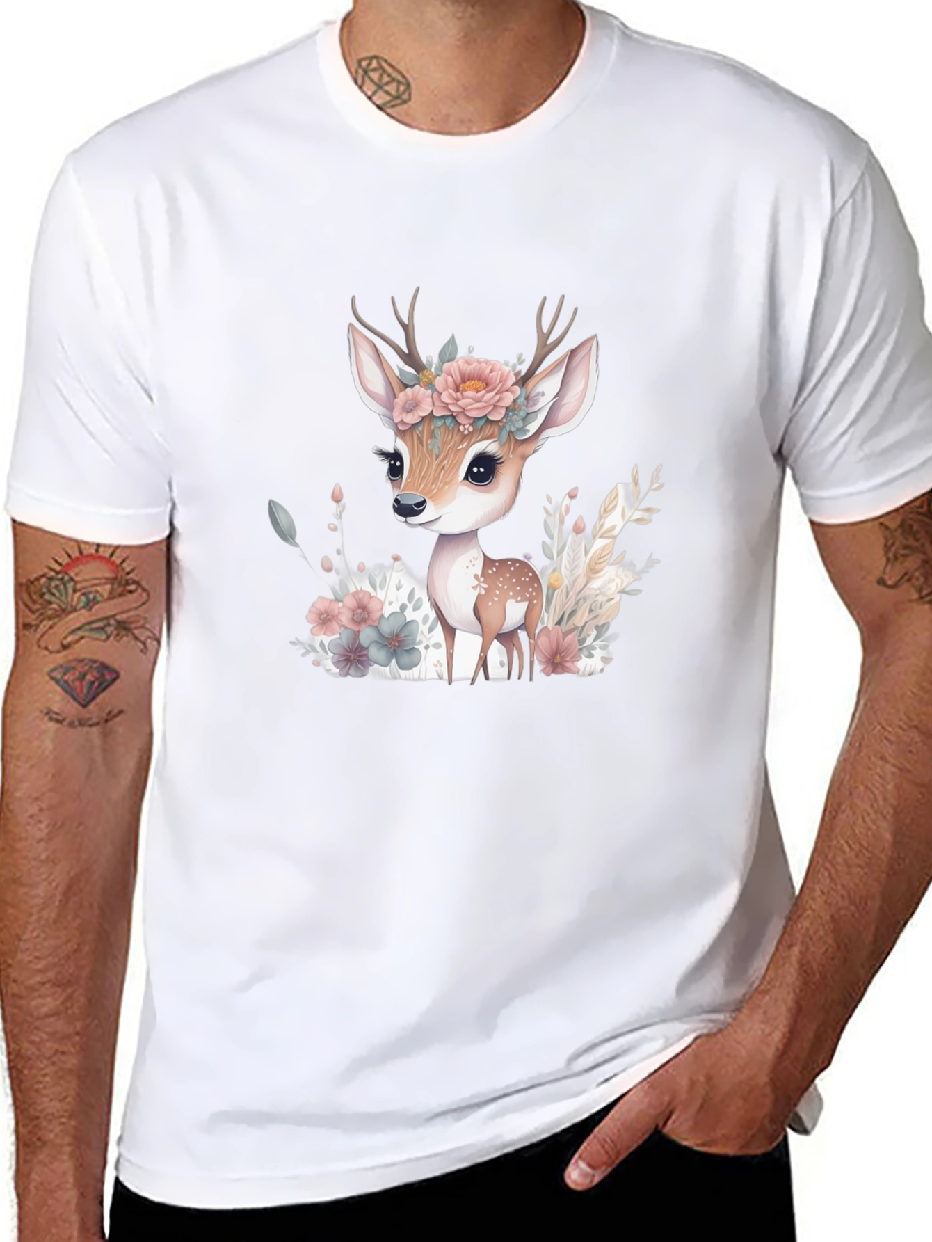 Floral Deer Graphic Tee - Mens Black T-Shirt