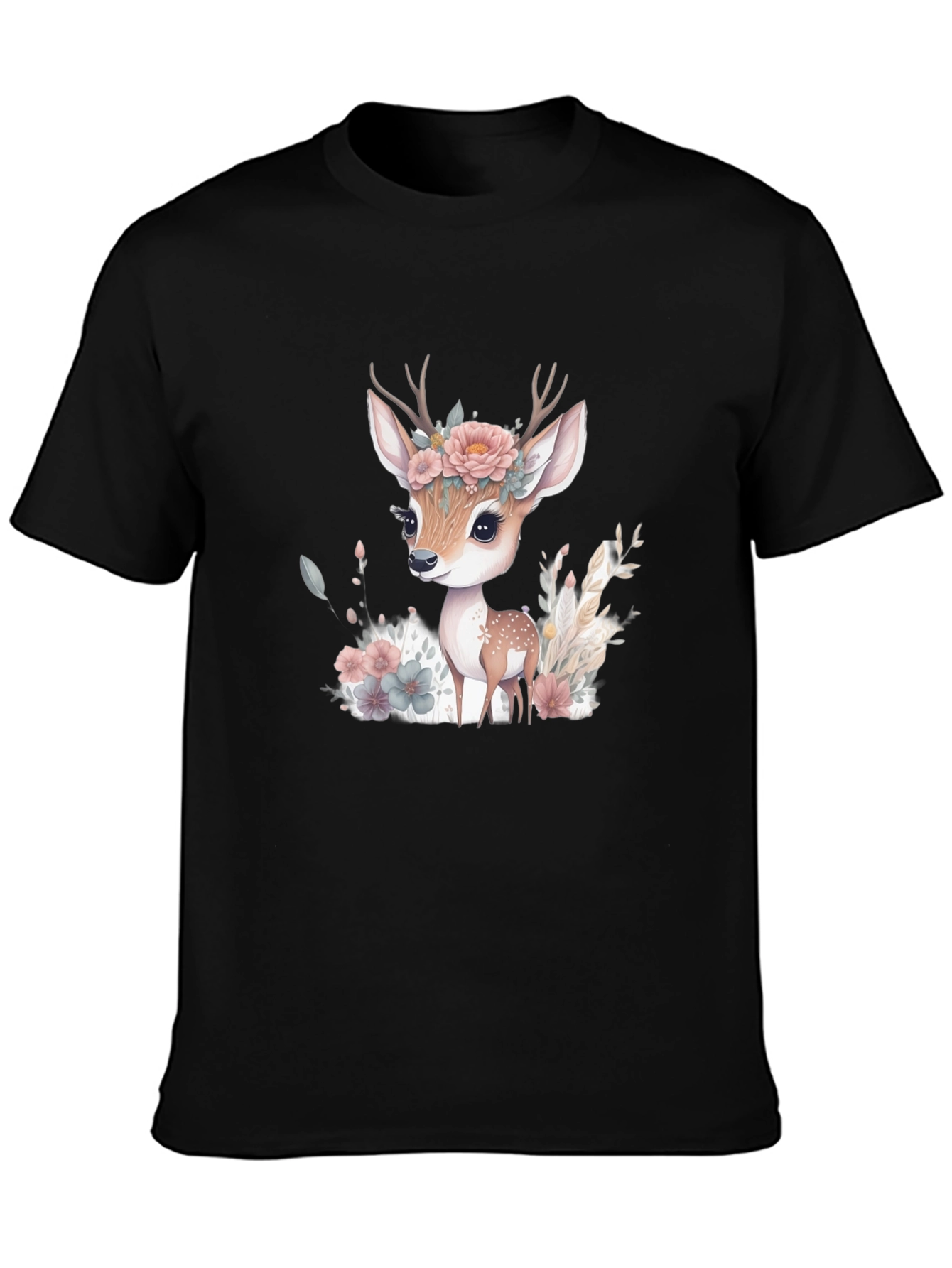 Floral Deer Graphic Tee - Mens Black T-Shirt