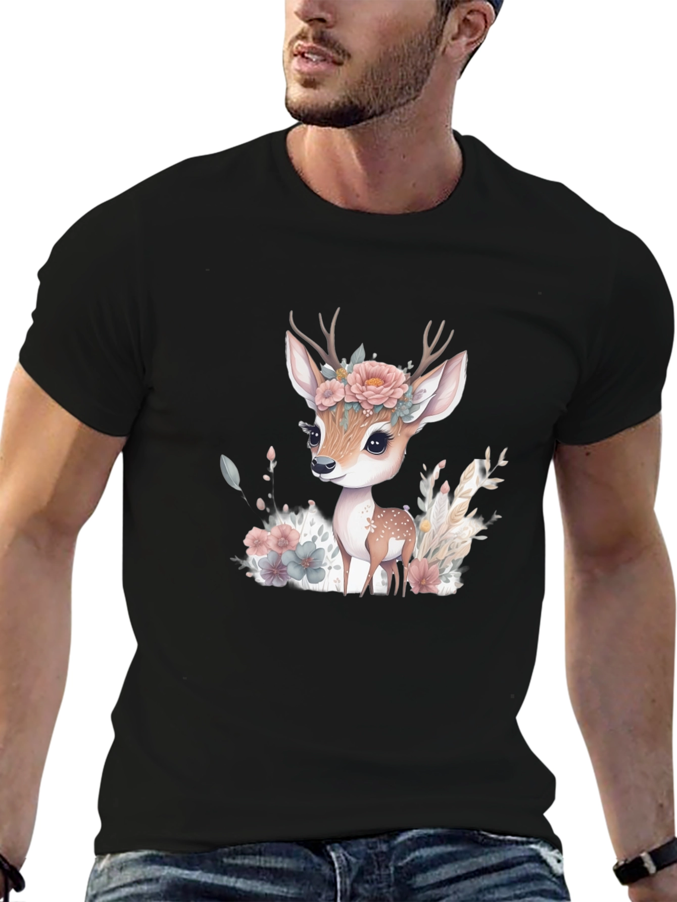 Floral Deer Graphic Tee - Mens Black T-Shirt