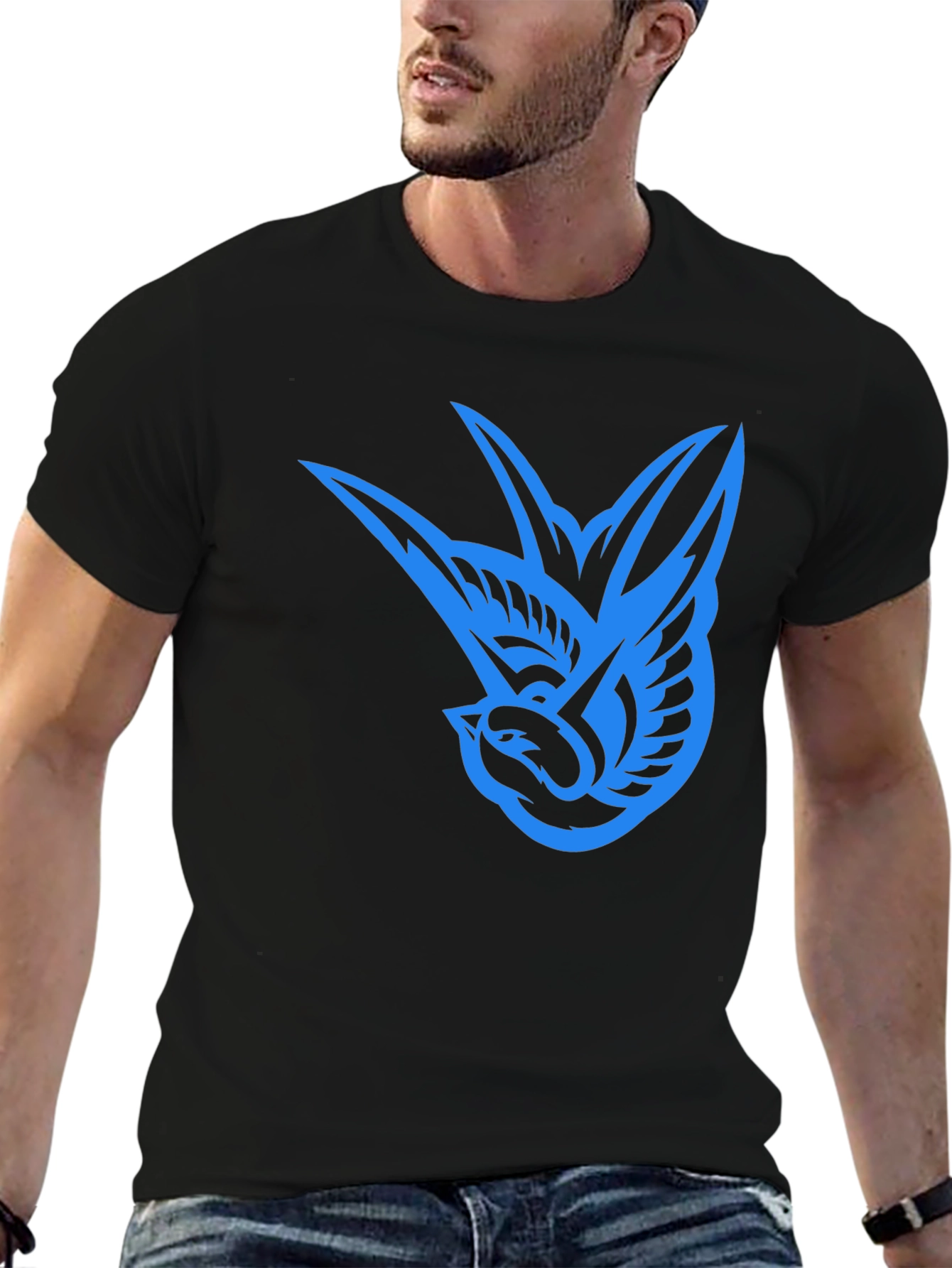 Blue Swallow Graphic Black T-Shirt