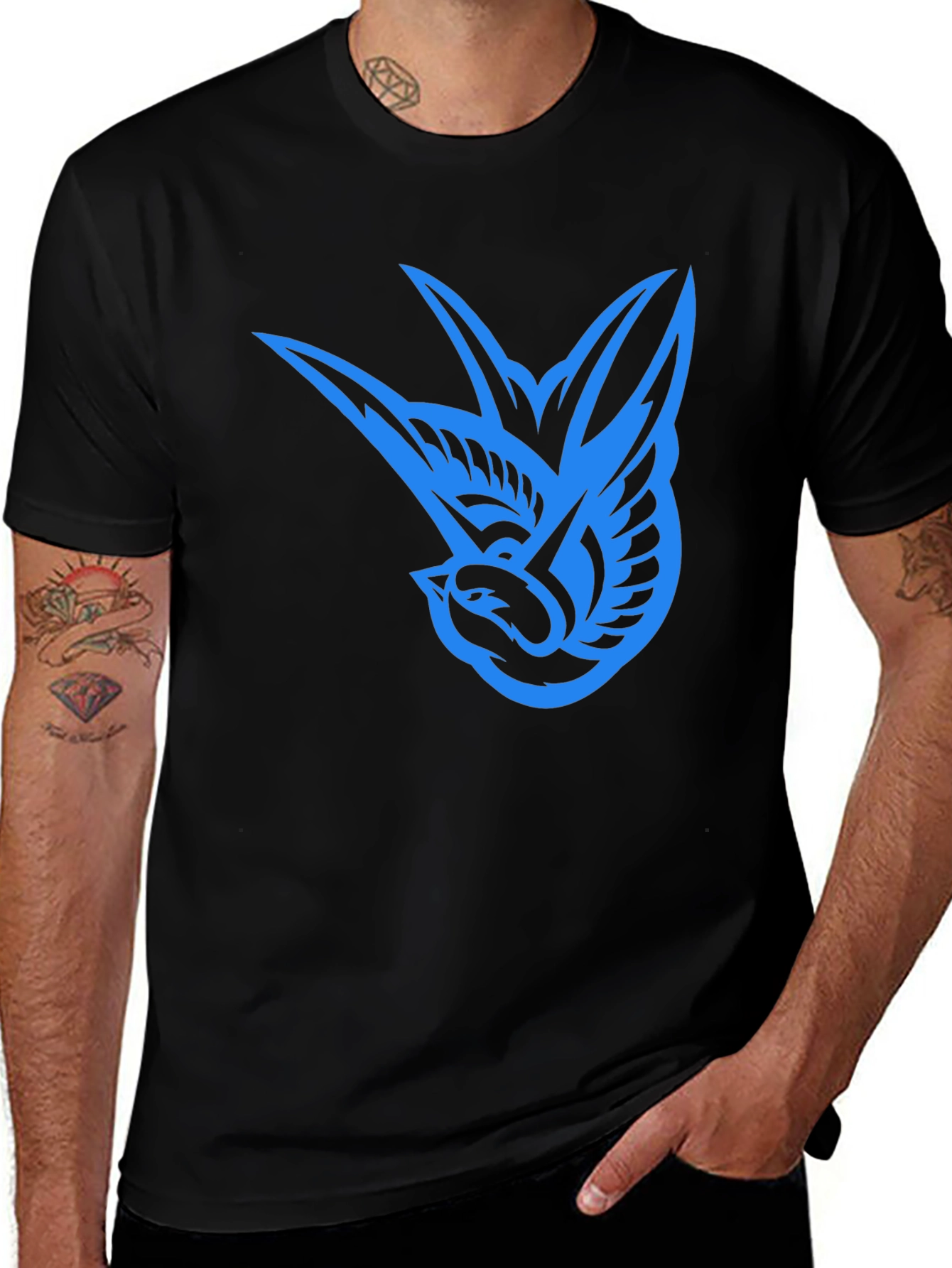 Blue Swallow Graphic Black T-Shirt