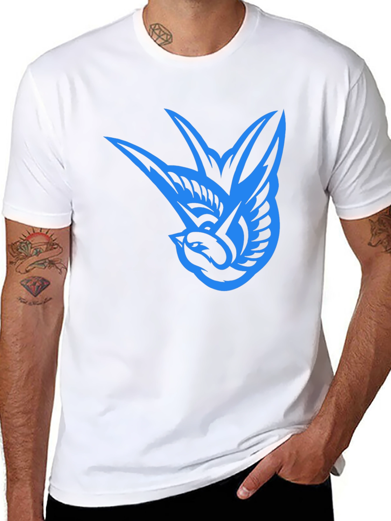 Blue Swallow Graphic Black T-Shirt