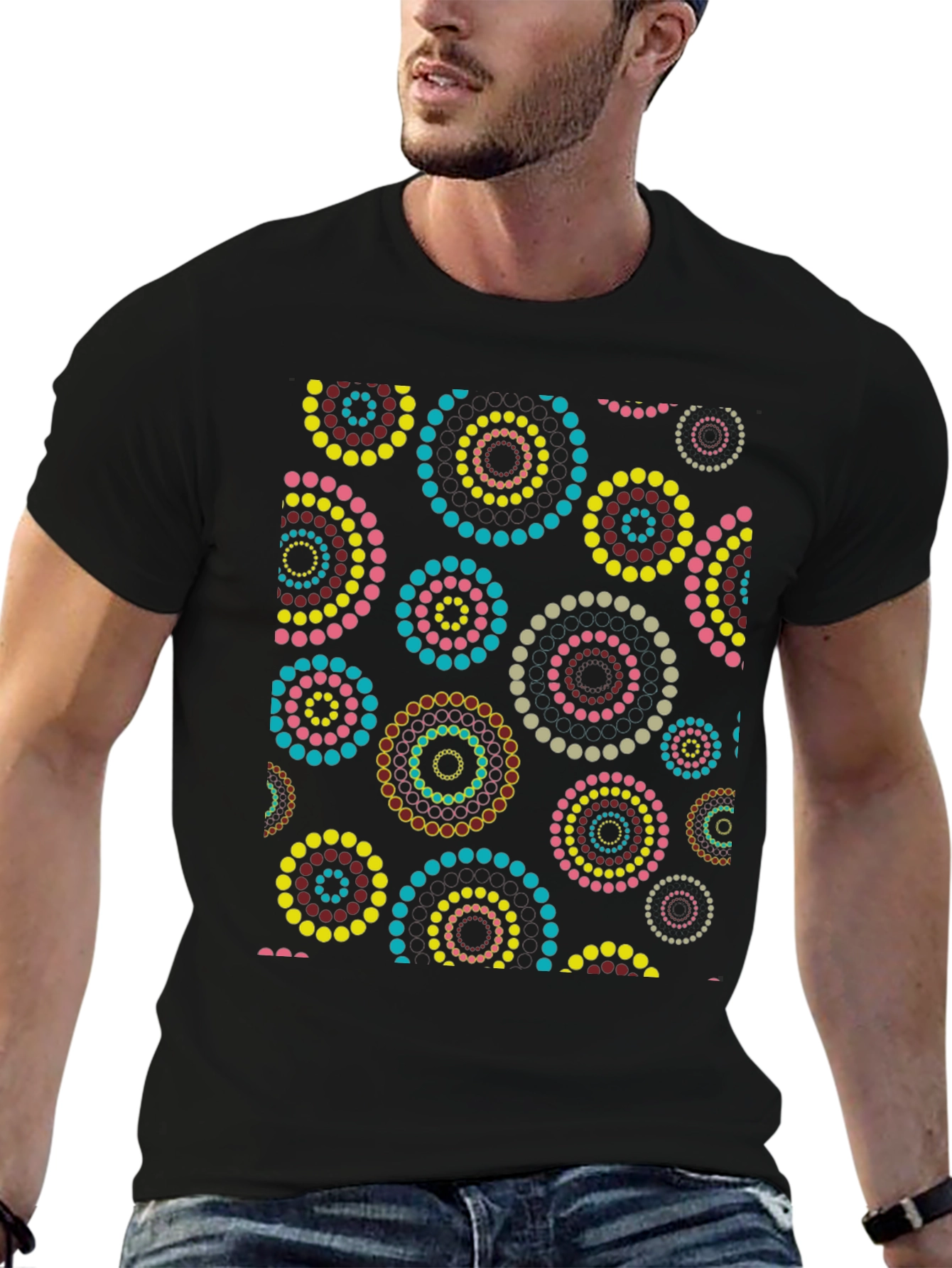 Abstract Circle Dot Pattern Black T-Shirt