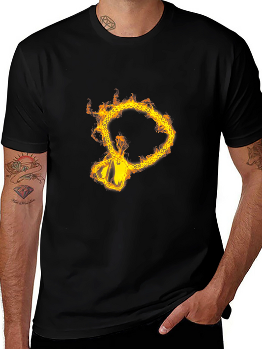 Flaming Chain Dog Tag Graphic Black T-Shirt