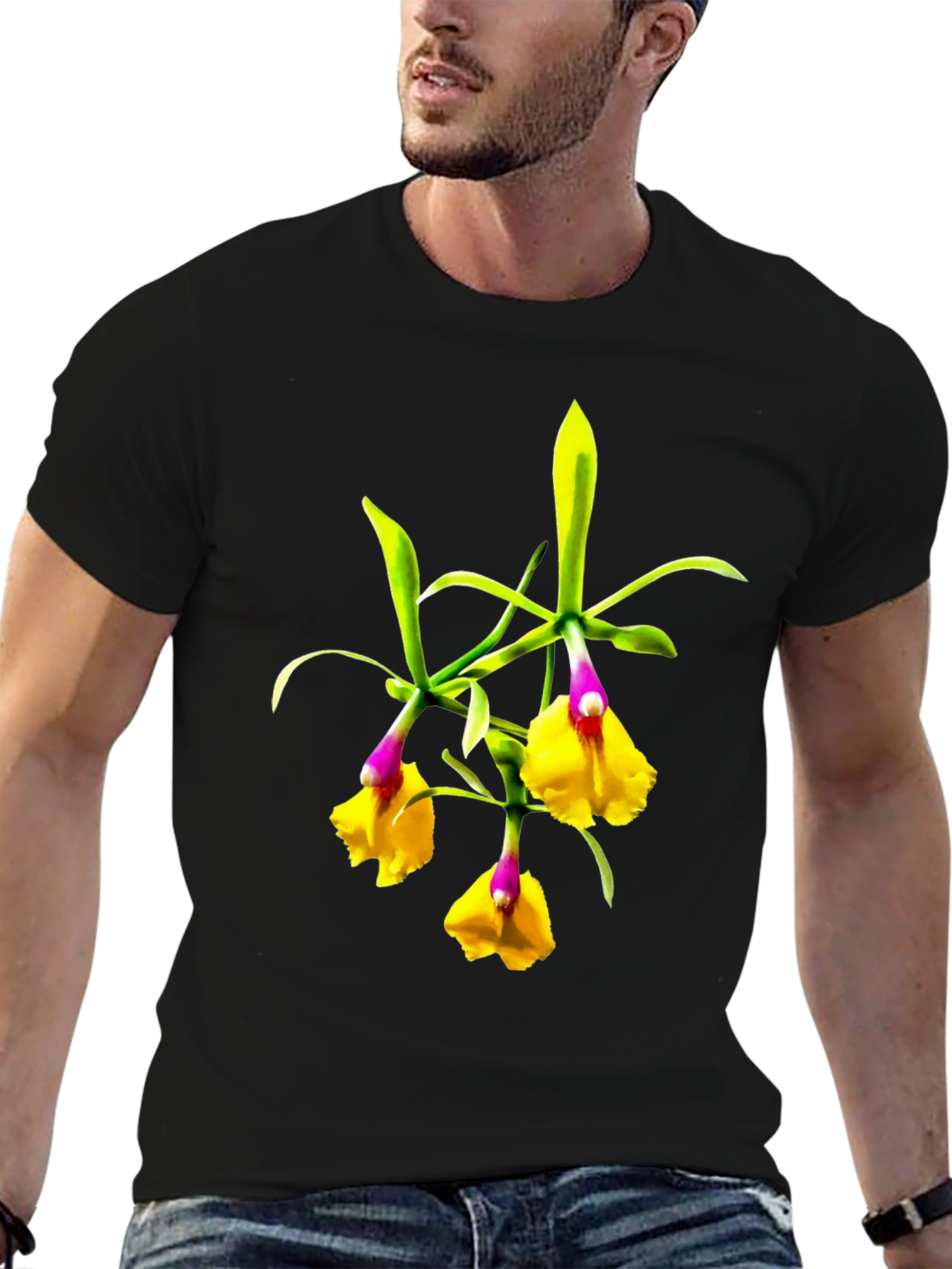 Orchid Flower Graphic Tee - Botanical Black T-Shirt