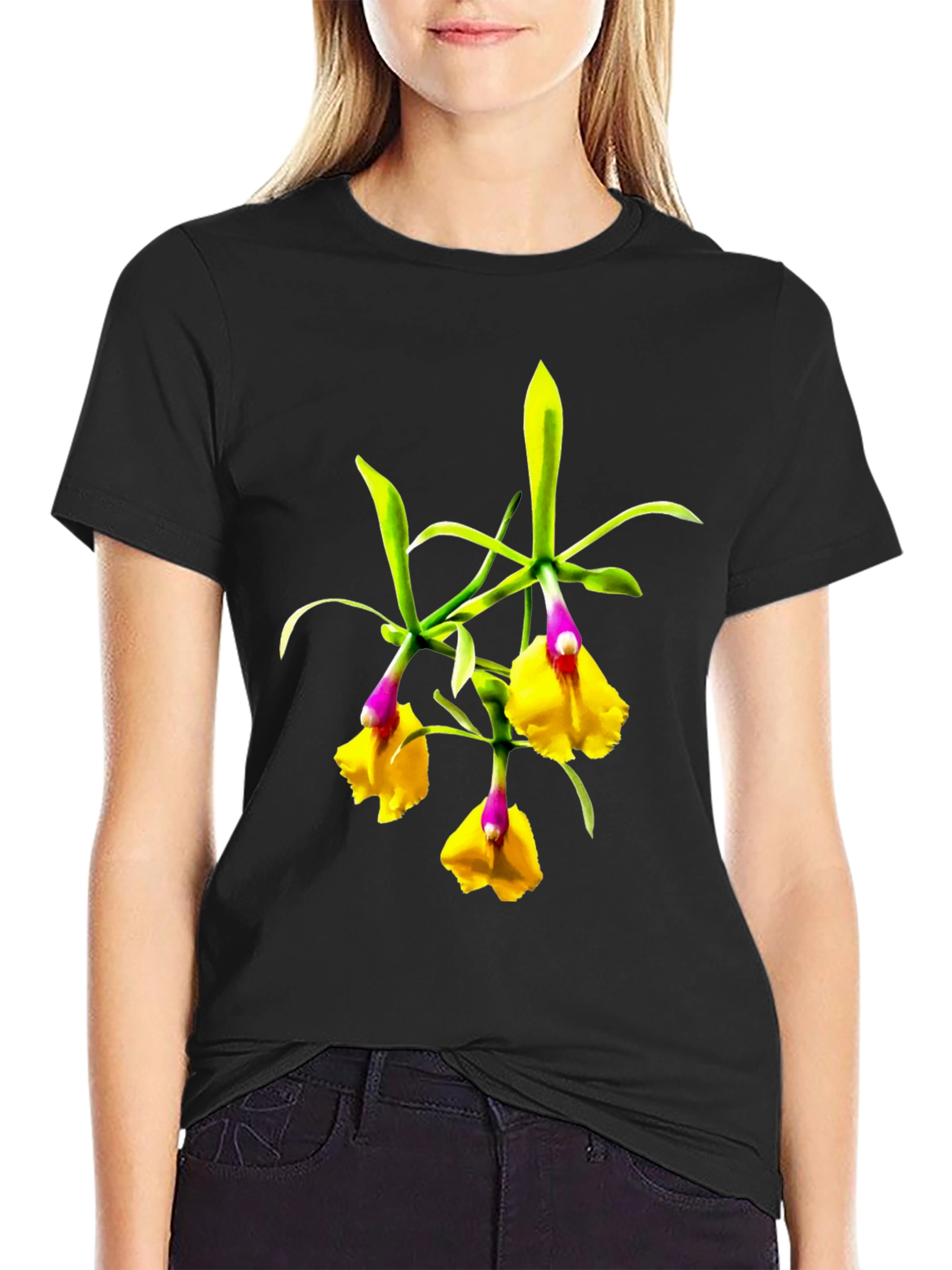 Orchid Flower Graphic Tee - Botanical Black T-Shirt