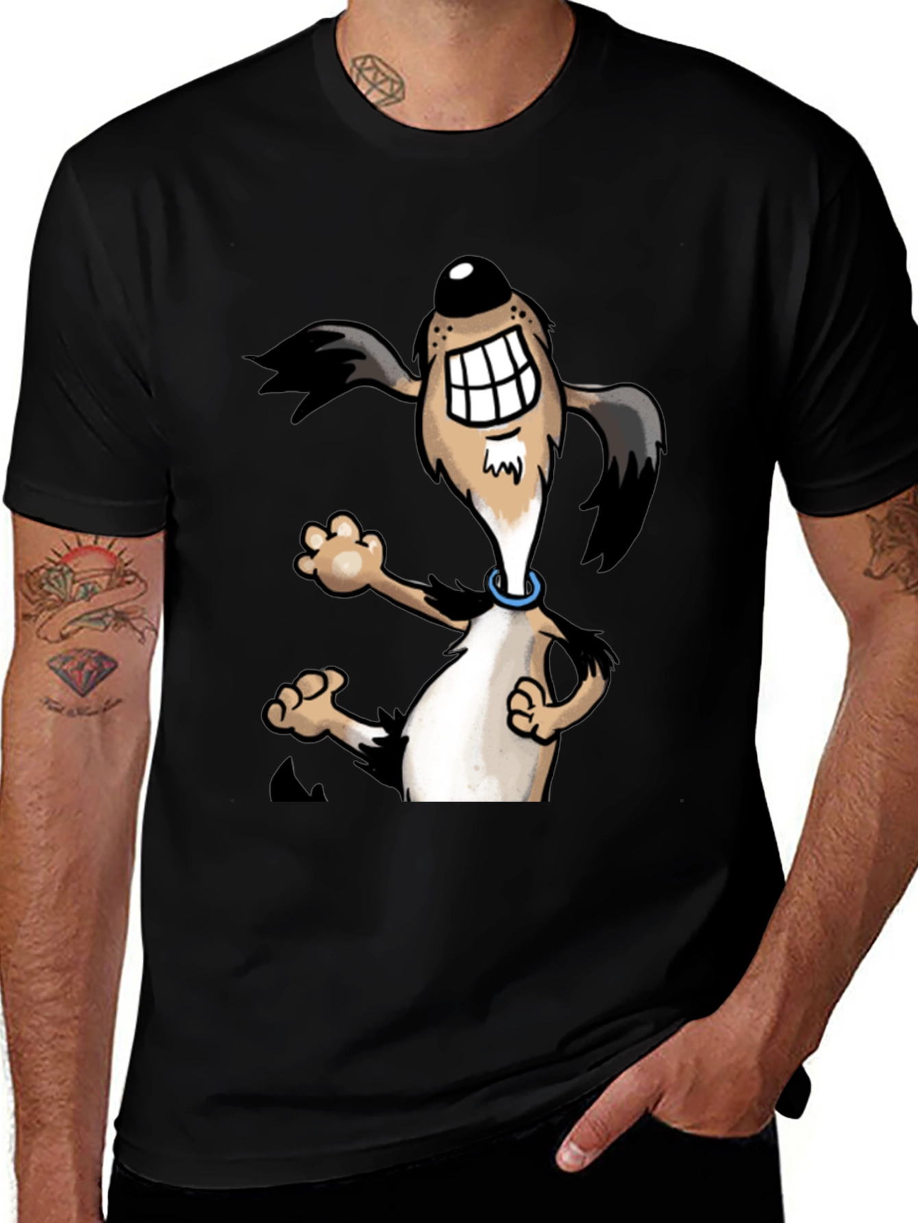 Cartoon Dog Graphic Tee - Black Cotton Shirt