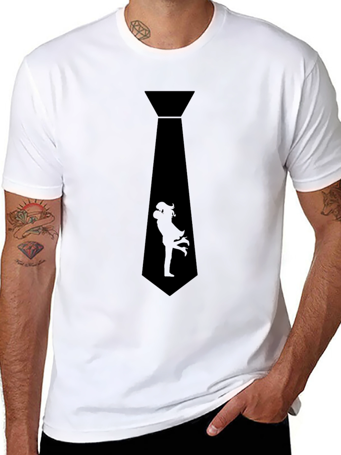 Romantic Couple Tie Graphic T-Shirt - Stylish Black Tee